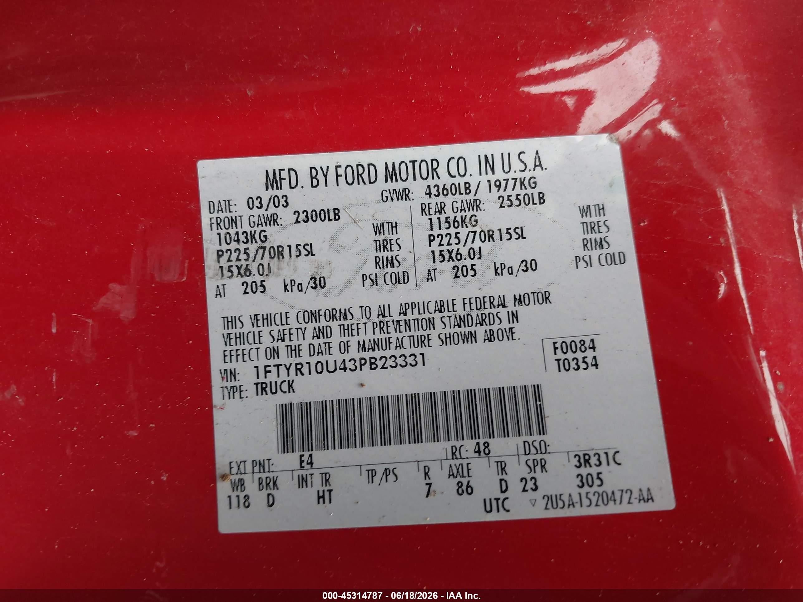2003 Ford Ranger Edge/xl/xlt Red vin: 1FTYR10U43PB23331