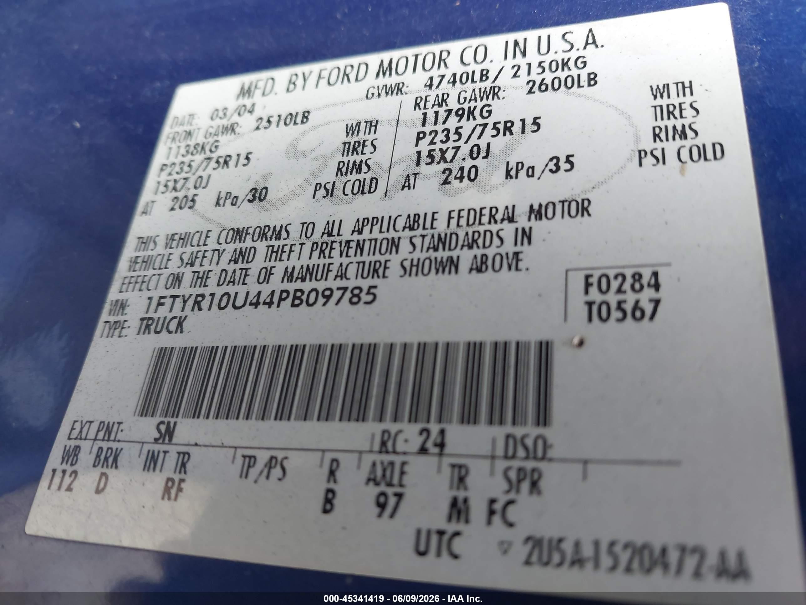 2004 Ford Ranger Edge/xl/xlt Blue vin: 1FTYR10U44PB09785