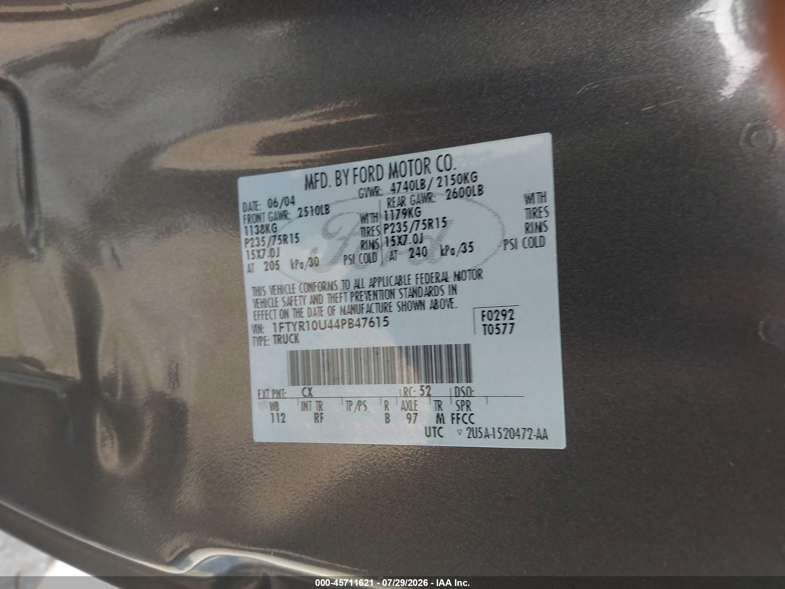 2004 Ford Ranger Edge/xl/xlt Gray vin: 1FTYR10U44PB47615