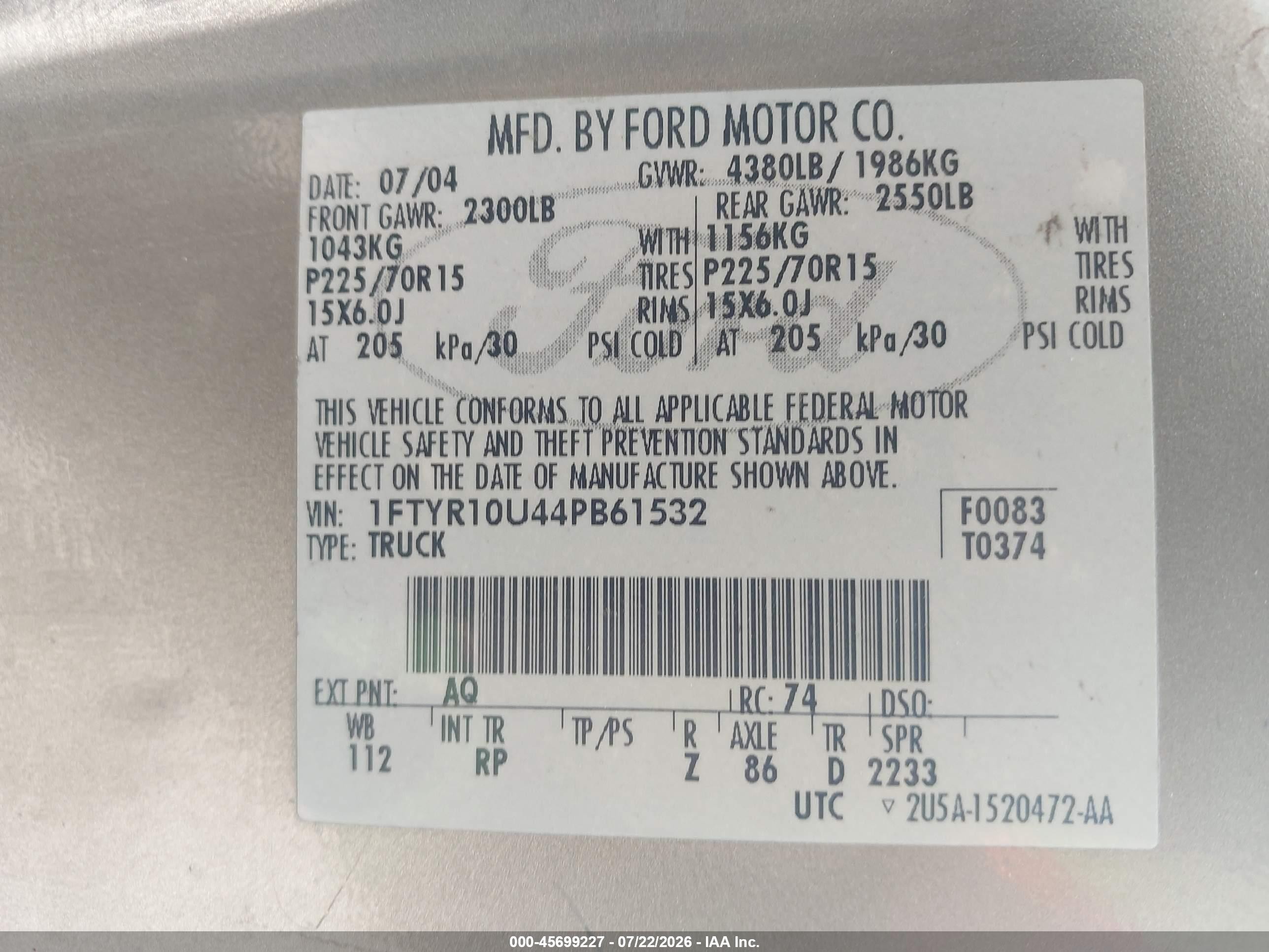 2004 Ford Ranger   Tan vin: 1FTYR10U44PB61532