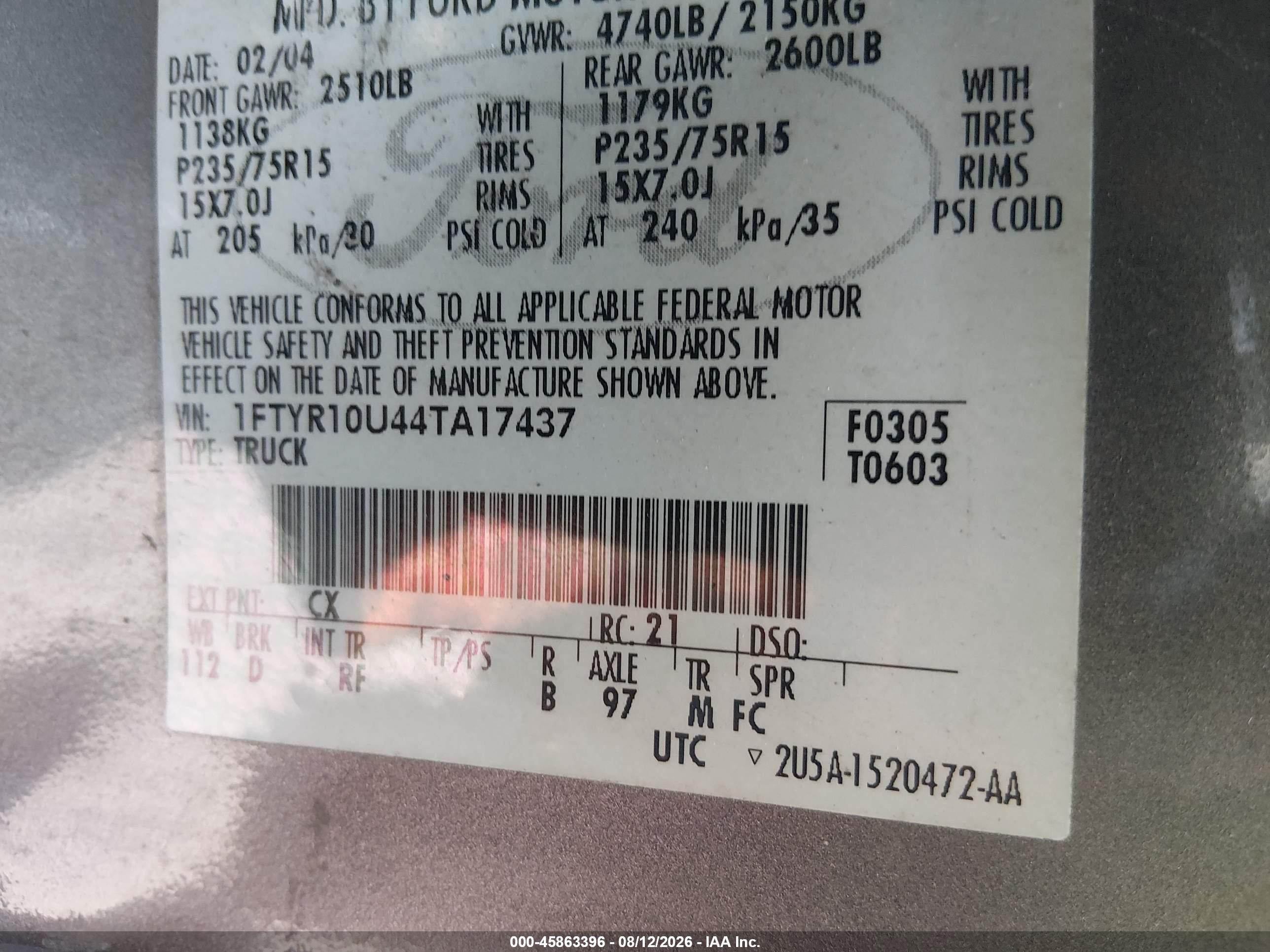 2004 Ford Ranger Edge/xl/xlt Gray vin: 1FTYR10U44TA17437
