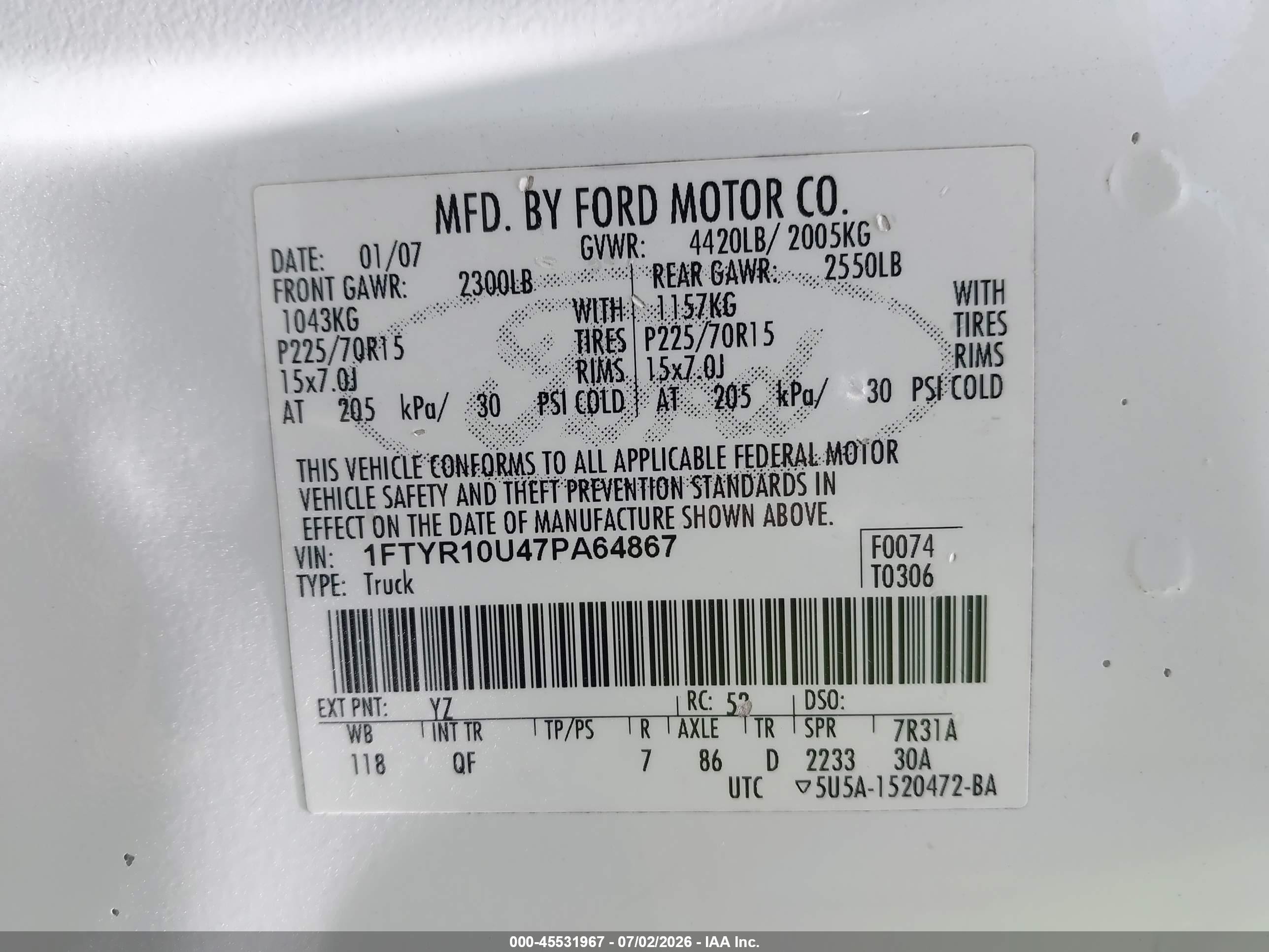 2007 Ford Ranger Sport/stx/xl/xlt White vin: 1FTYR10U47PA64867