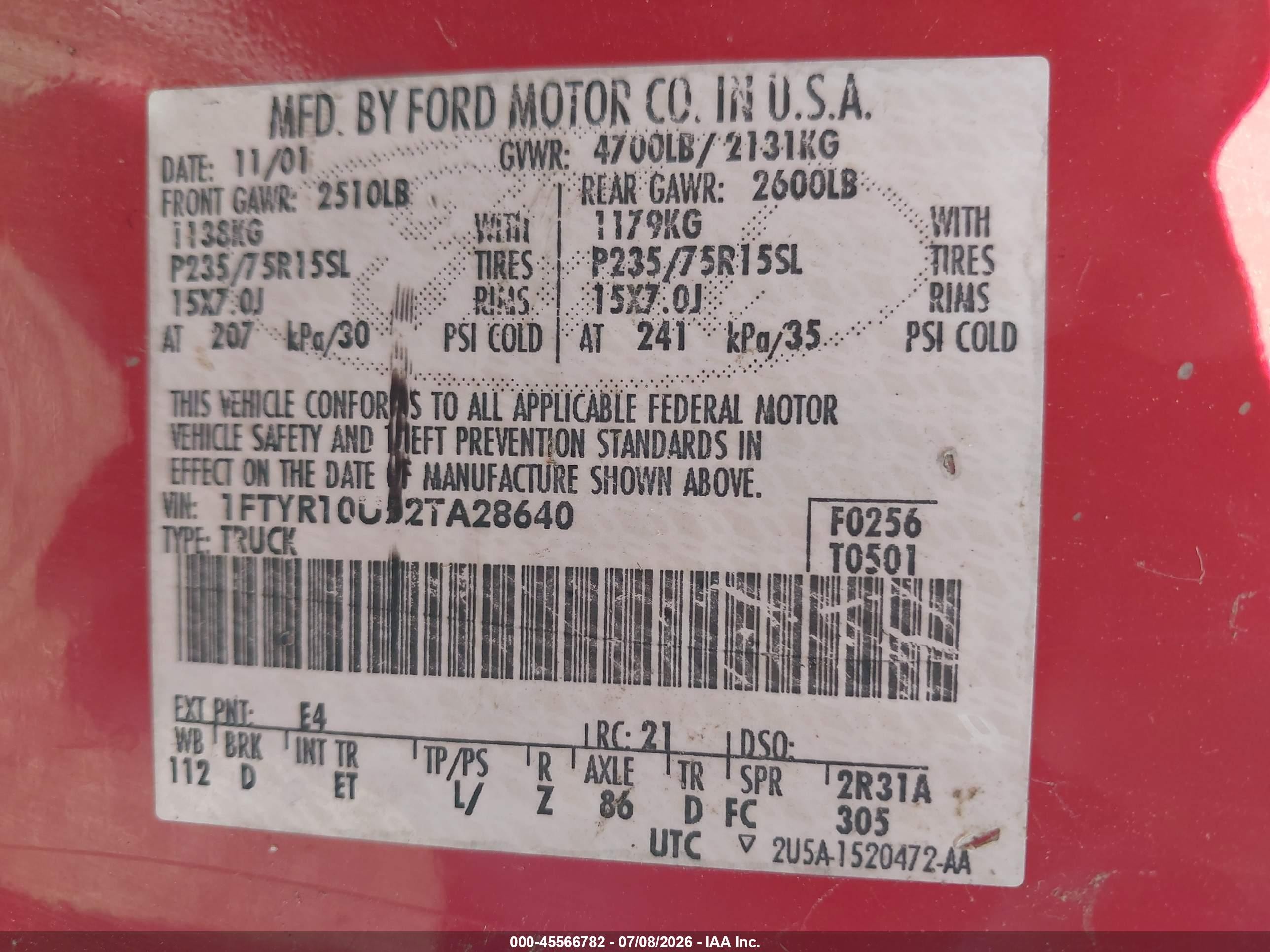 2002 Ford Ranger Edge/xl/xlt Red vin: 1FTYR10U52TA28640