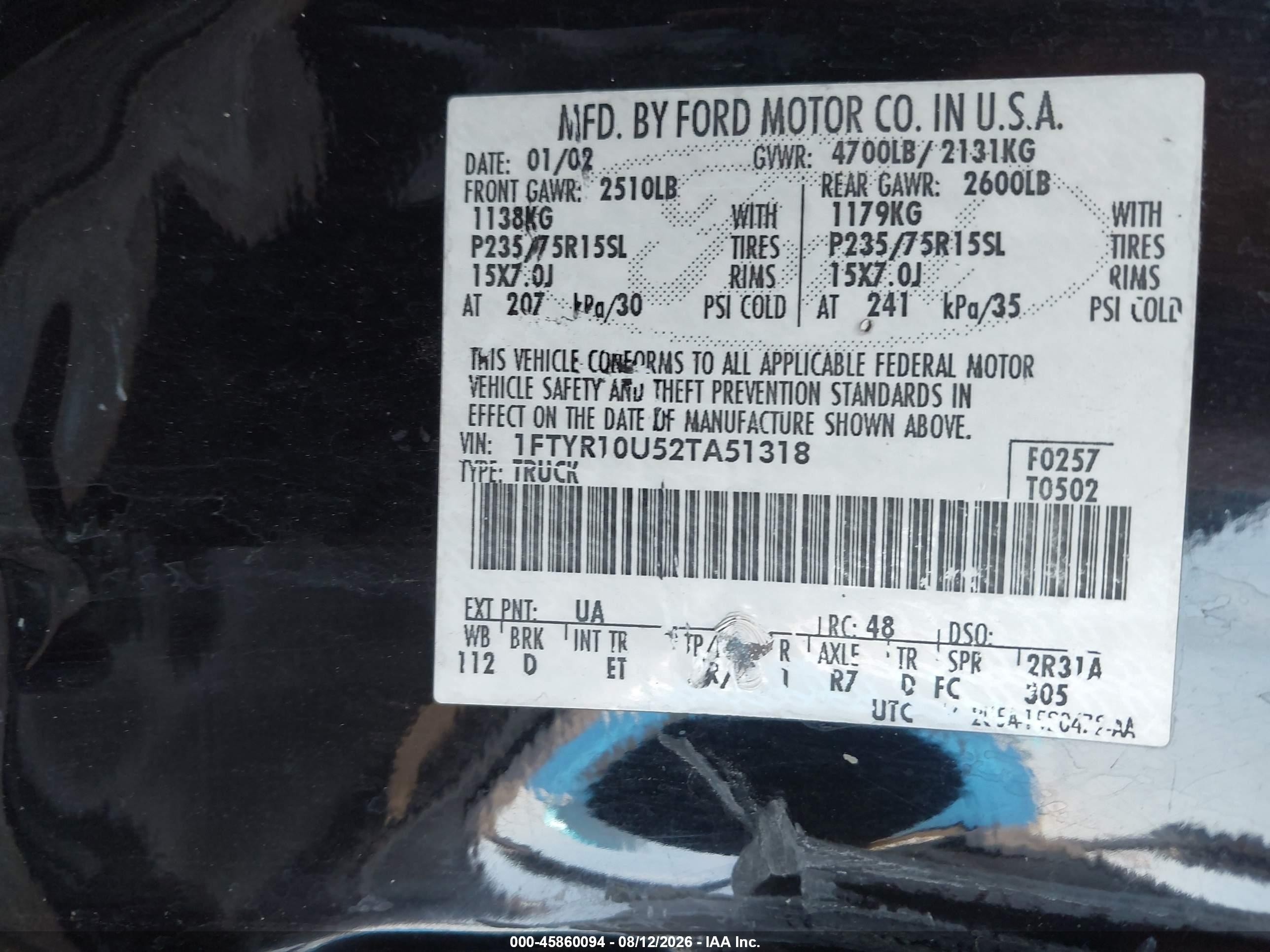 2002 Ford Ranger Edge/xl/xlt Black vin: 1FTYR10U52TA51318