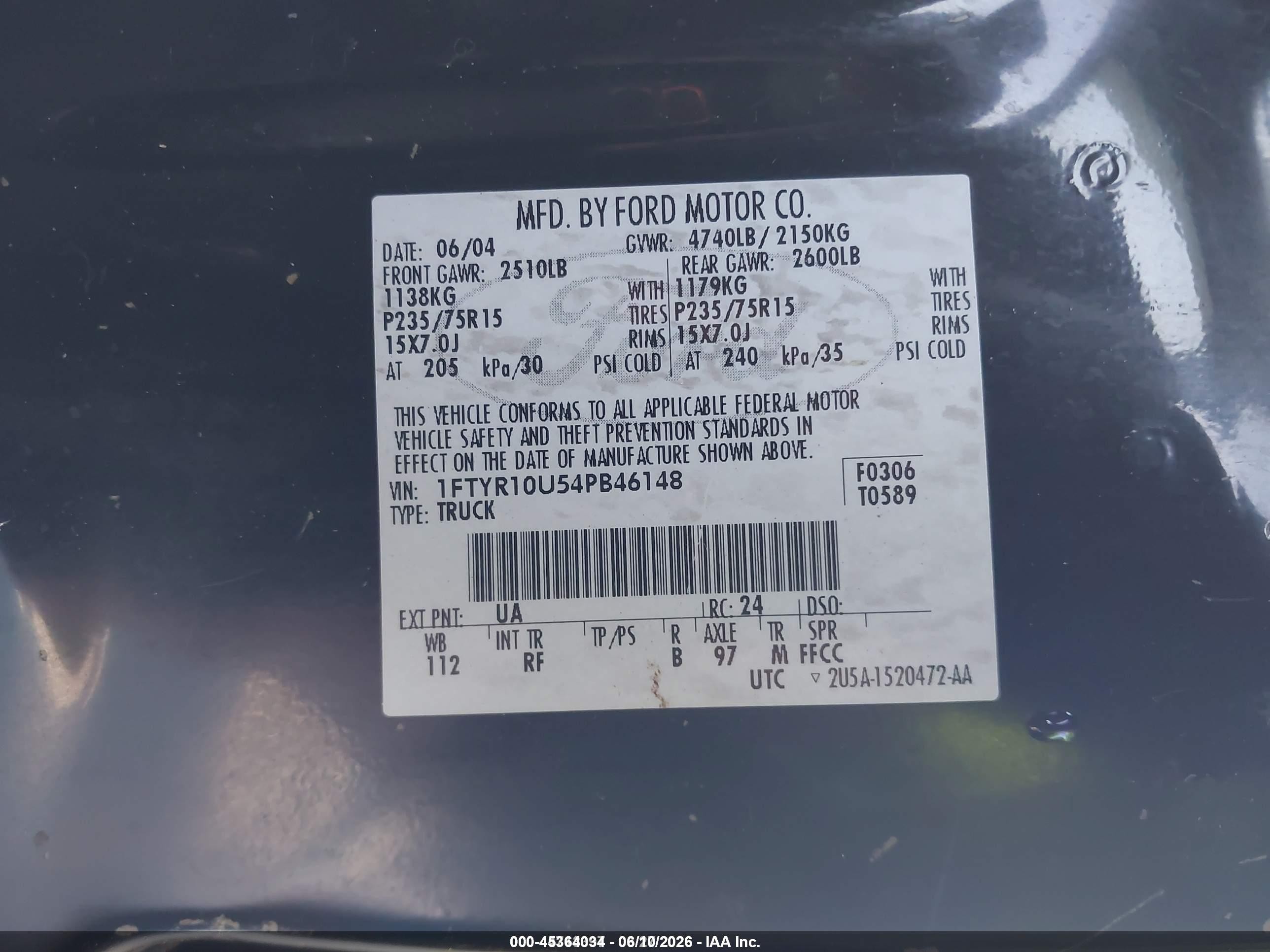 2004 Ford Ranger Edge/xl/xlt Black vin: 1FTYR10U54PB46148