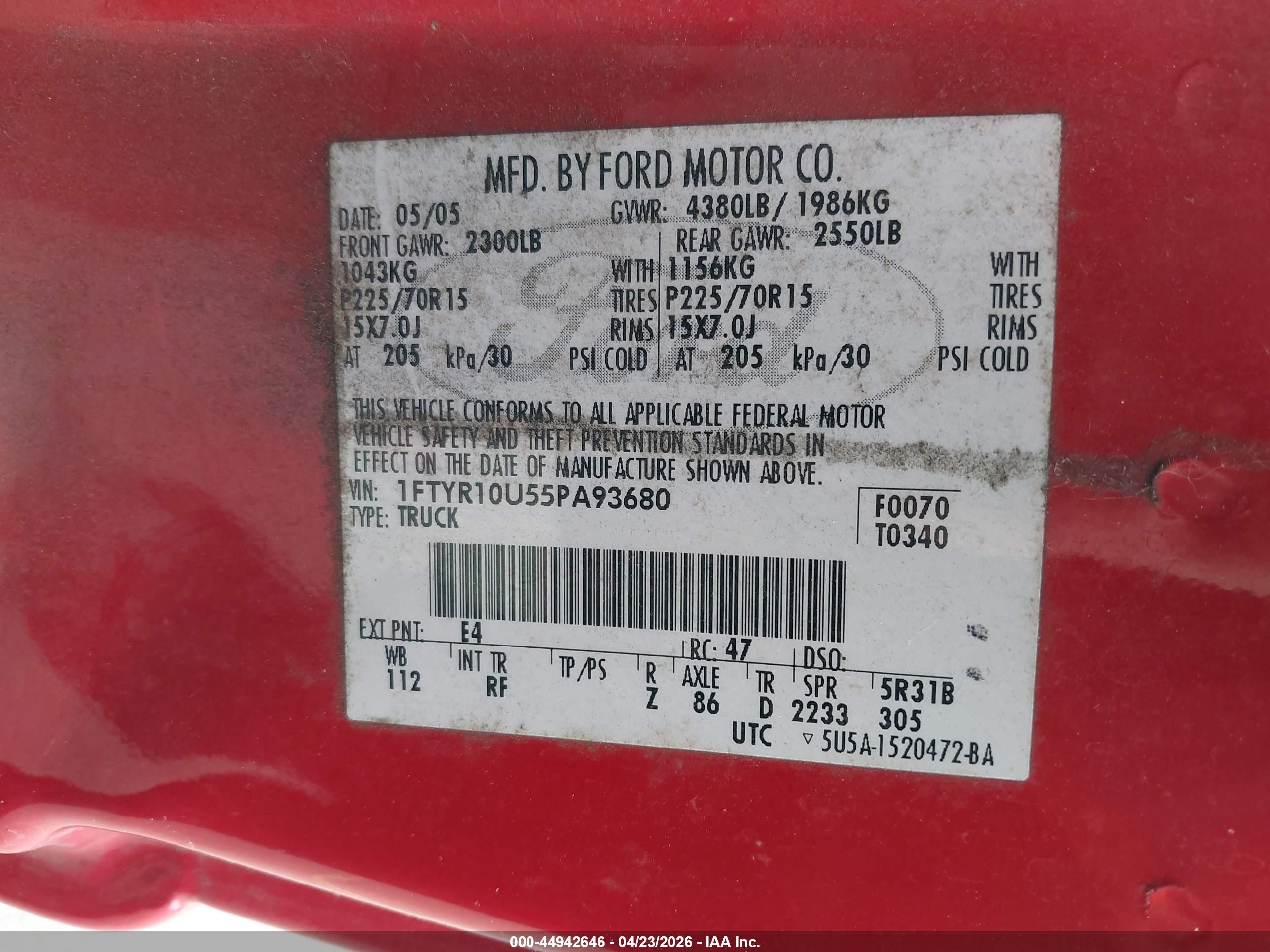 2005 Ford Ranger Edge/stx/xl/xls/xlt Red vin: 1FTYR10U55PA93680