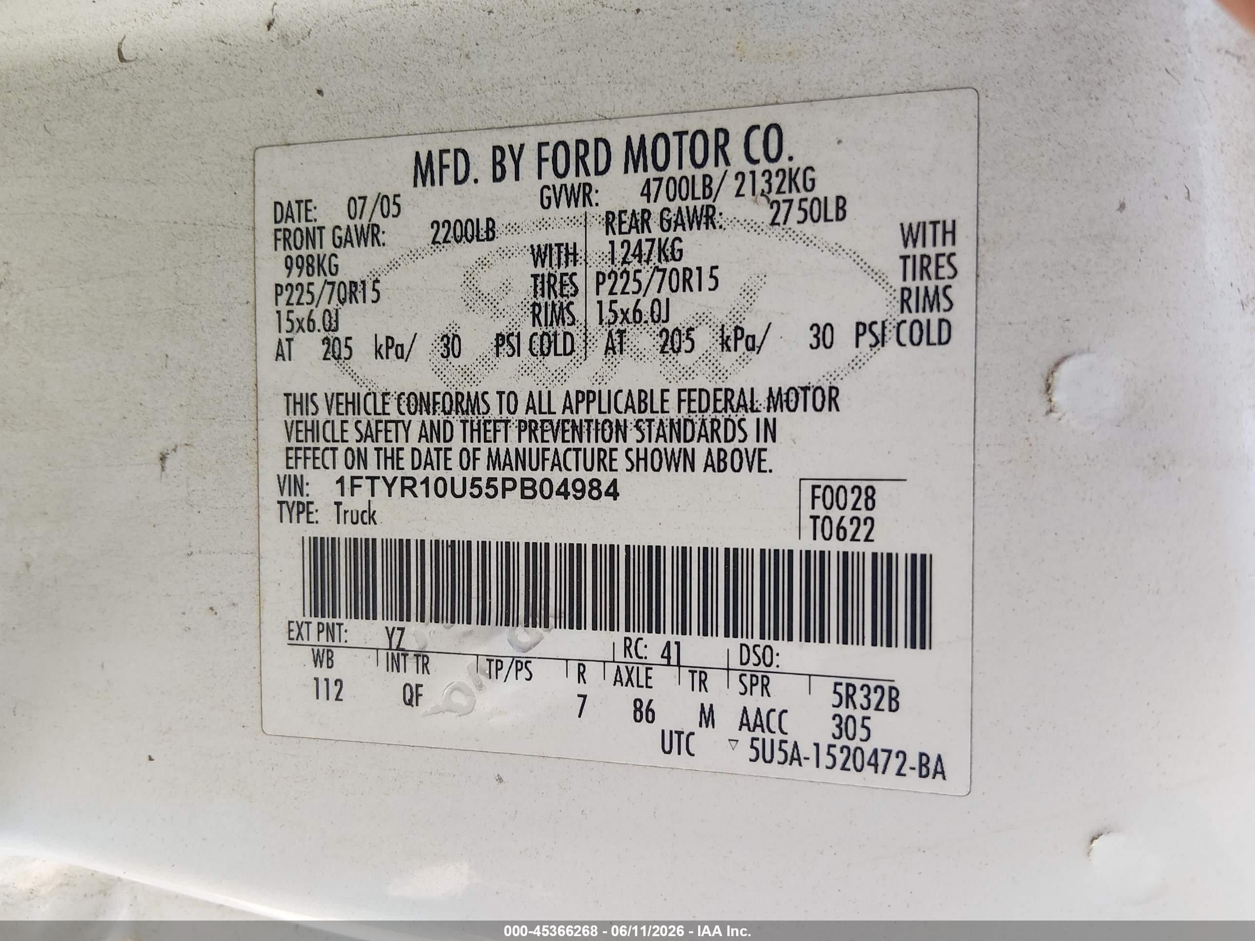 2005 Ford Ranger Edge/stx/xl/xls/xlt Белый vin: 1FTYR10U55PB04984