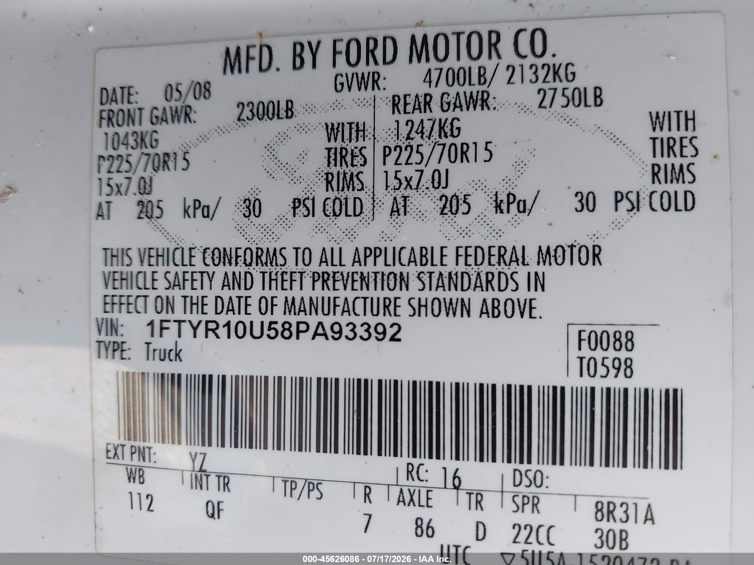 2008 Ford Ranger Xl White vin: 1FTYR10U58PA93392