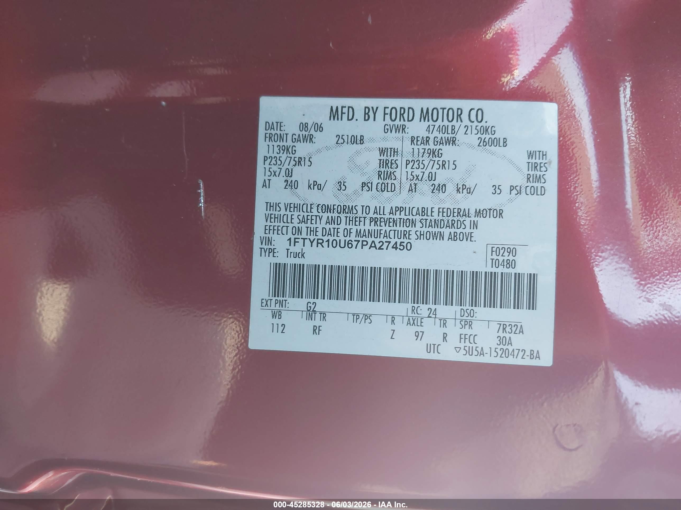 2007 Ford Ranger Sport/stx/xl/xlt Red vin: 1FTYR10U67PA27450