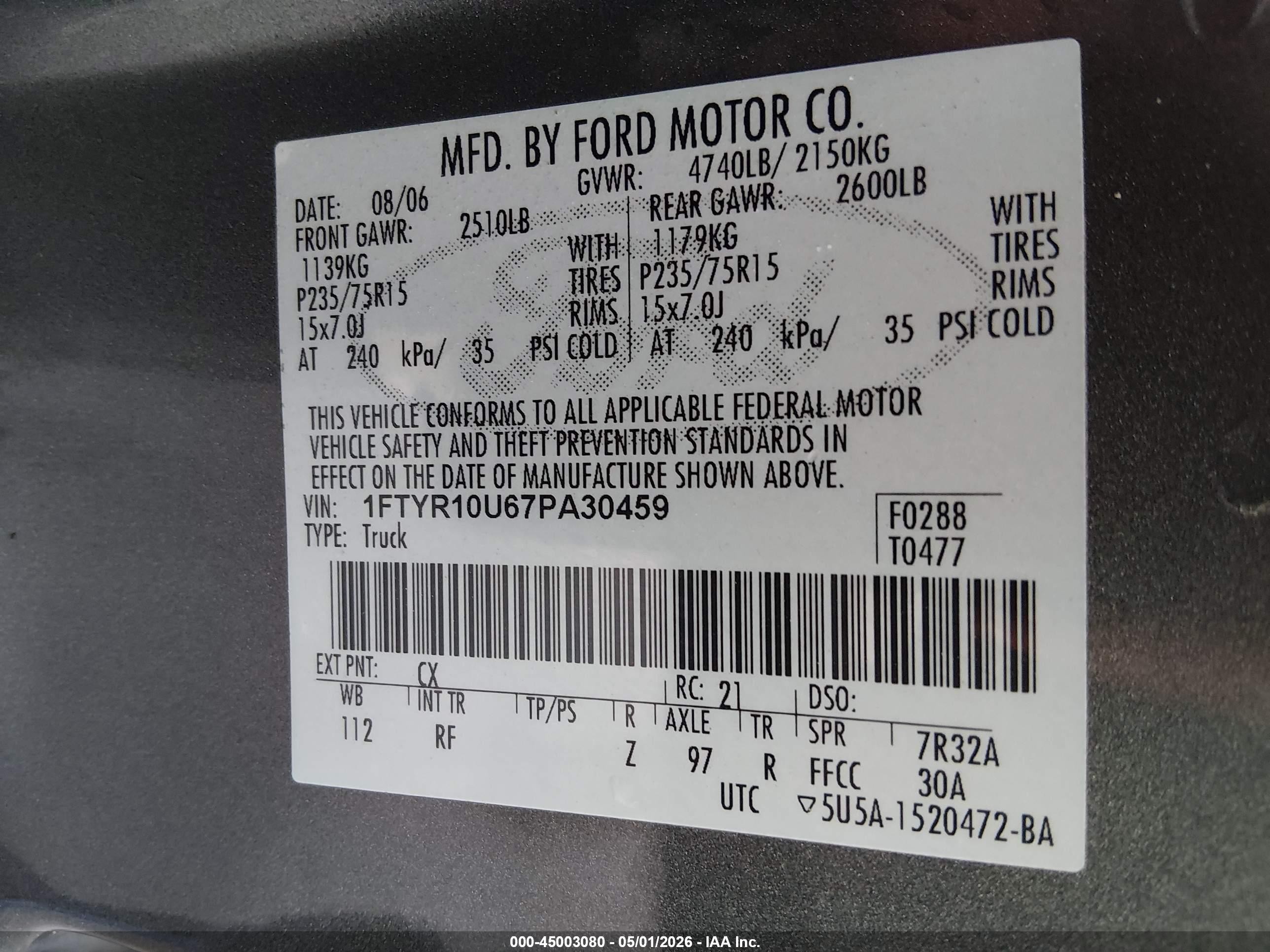 2007 Ford Ranger Sport/stx/xl/xlt Gray vin: 1FTYR10U67PA30459