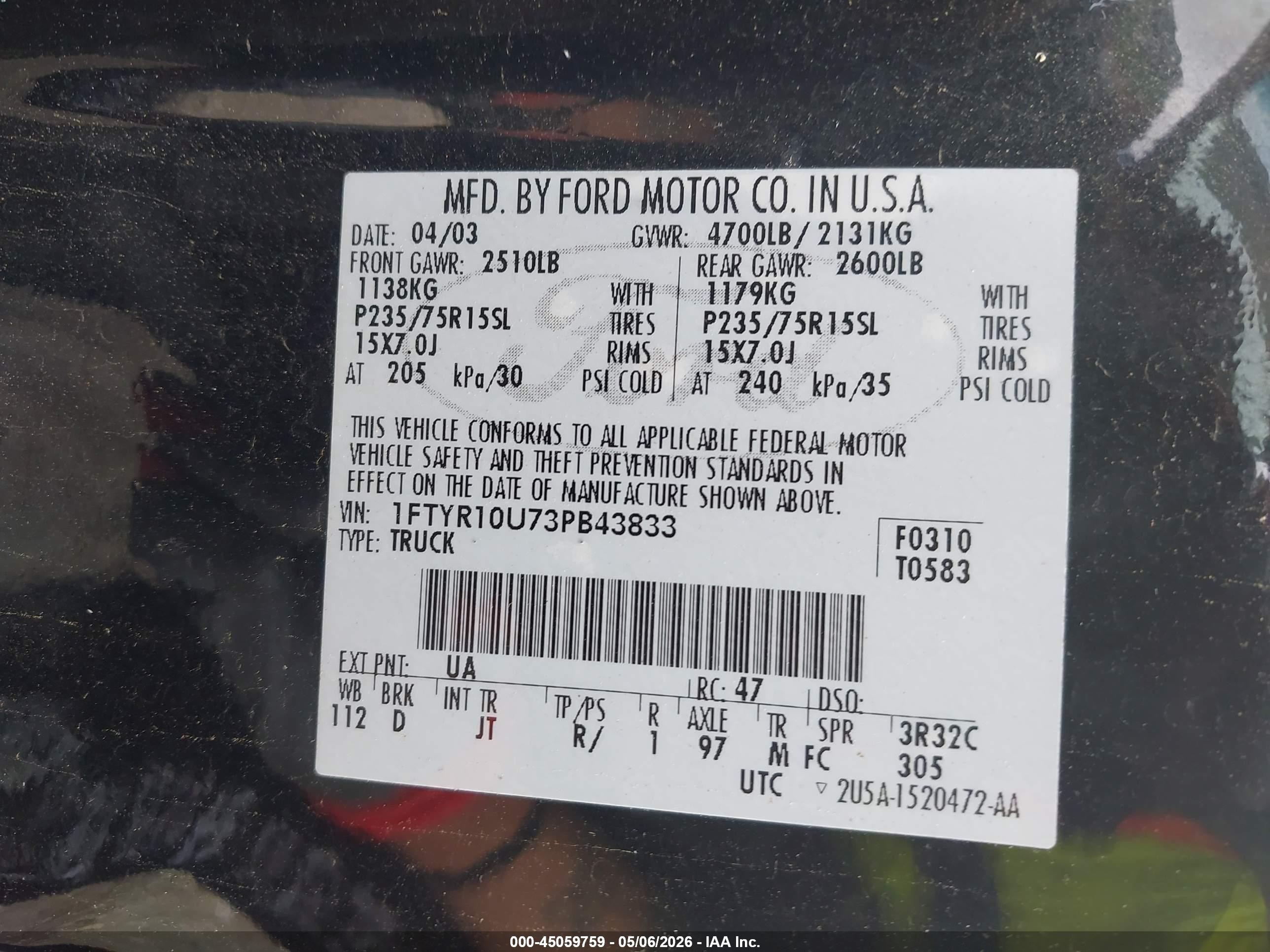 2003 Ford Ranger Edge/xl/xlt Black vin: 1FTYR10U73PB43833