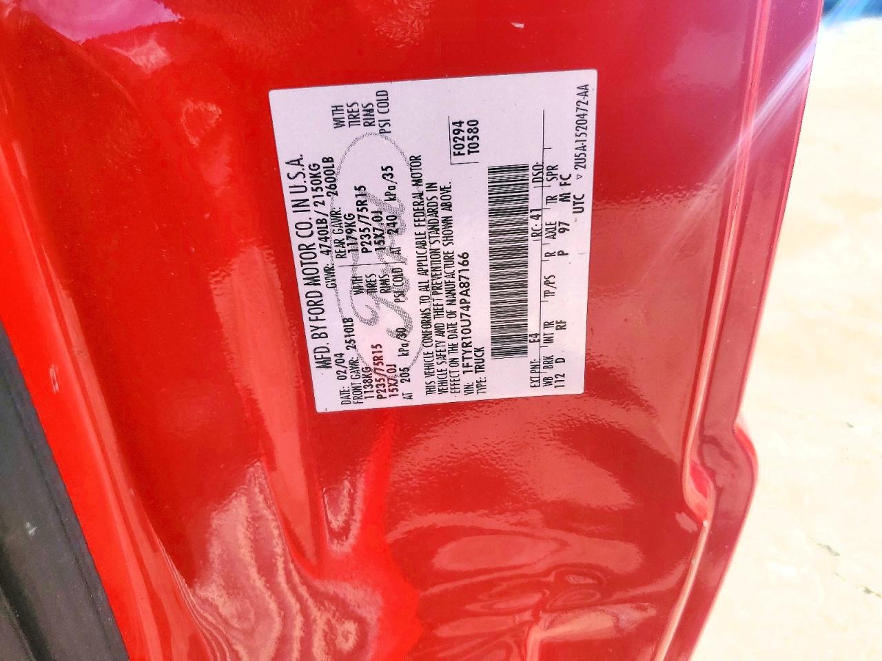 2004 Ford Ranger Red vin: 1FTYR10U74PA87166