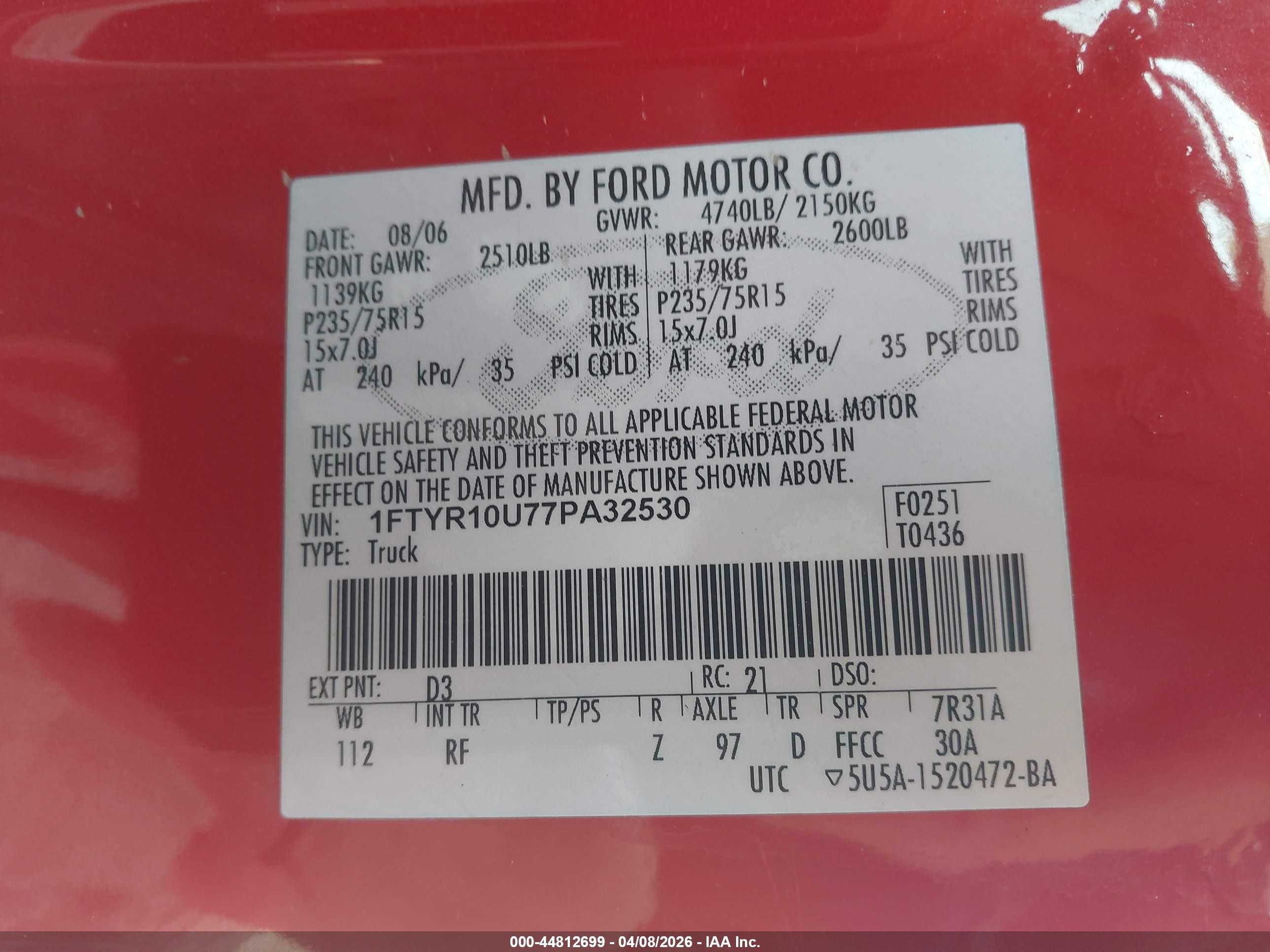 2007 Ford Ranger Sport/stx/xl/xlt Red vin: 1FTYR10U77PA32530