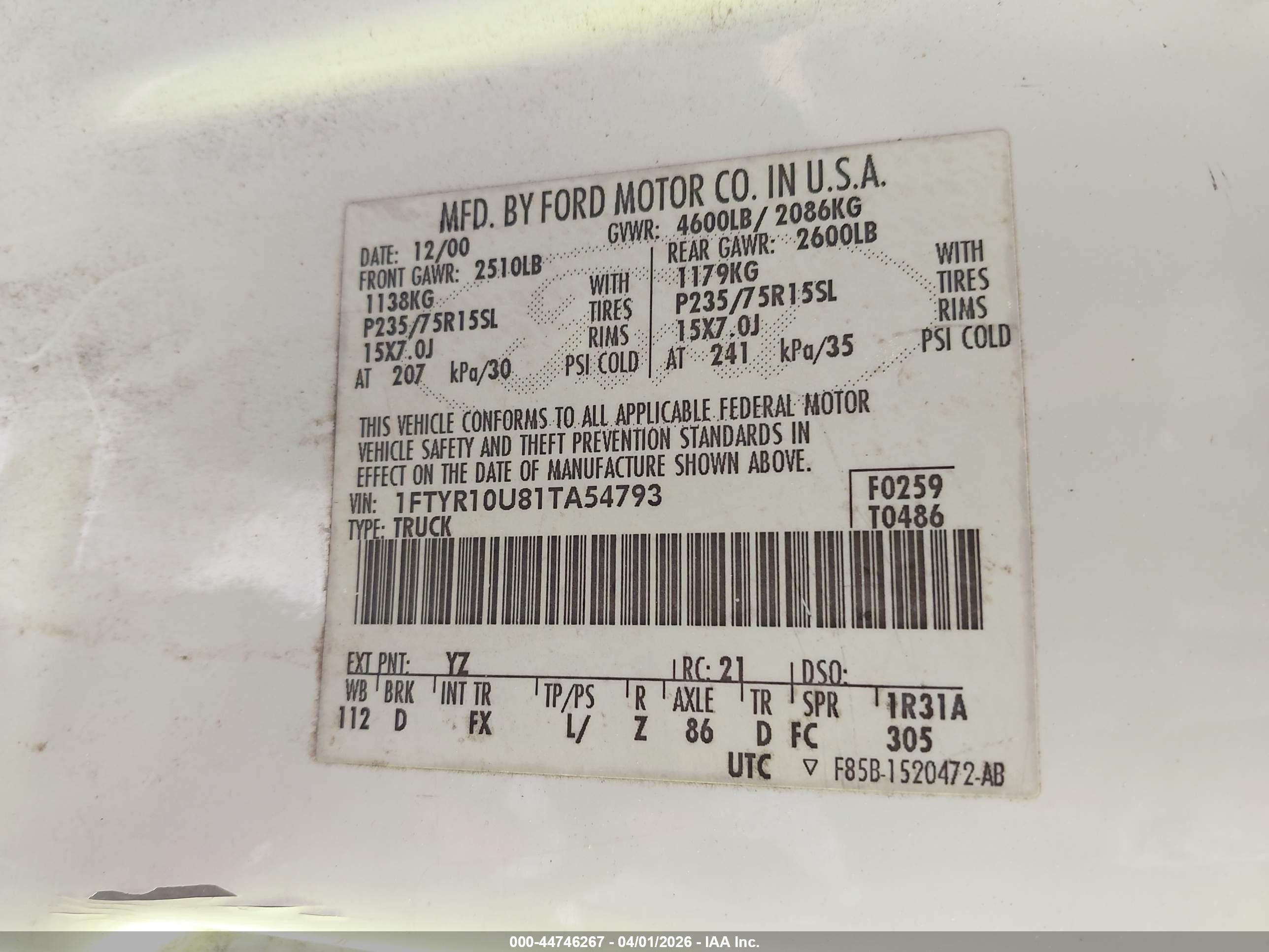2001 Ford Ranger Edge/xl/xlt White vin: 1FTYR10U81TA54793