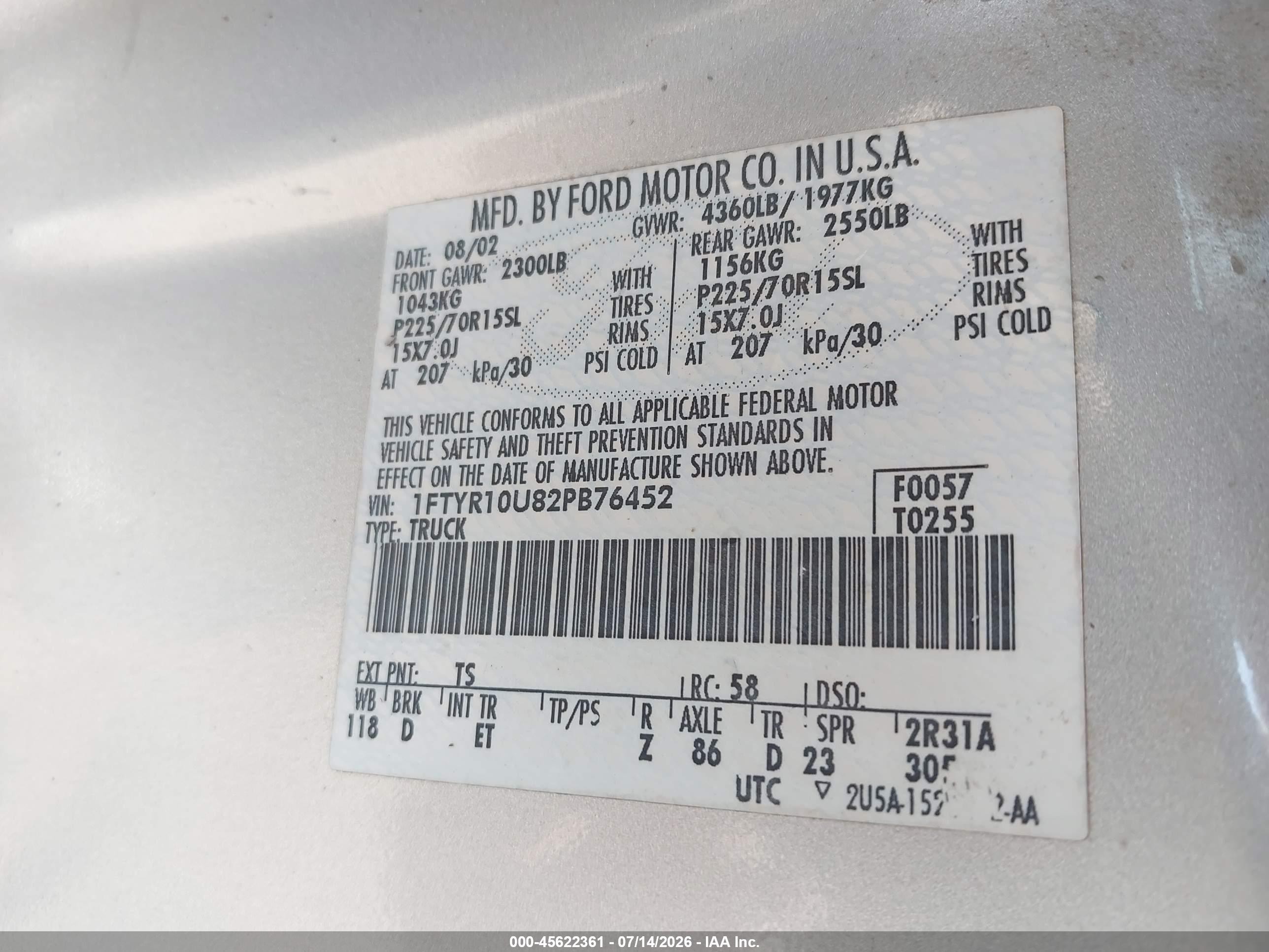 2002 Ford Ranger Edge/xl/xlt Серебряный vin: 1FTYR10U82PB76452
