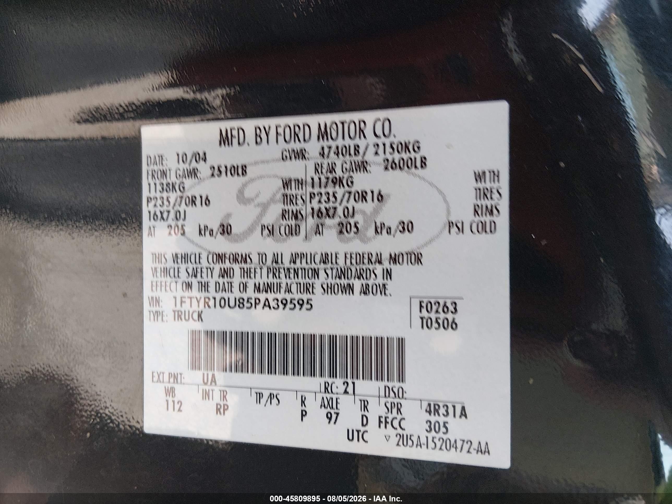 2005 Ford Ranger Edge/stx/xl/xls/xlt Черный vin: 1FTYR10U85PA39595