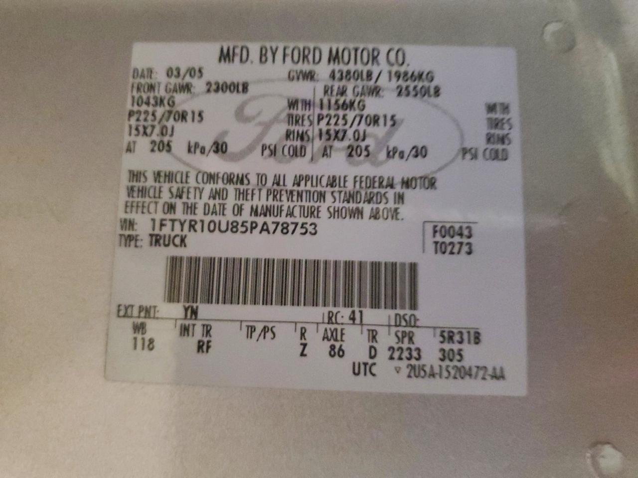2005 Ford Ranger Silver vin: 1FTYR10U85PA78753