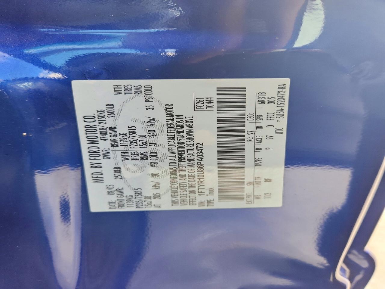 2006 Ford Ranger Blue vin: 1FTYR10U86PA03472
