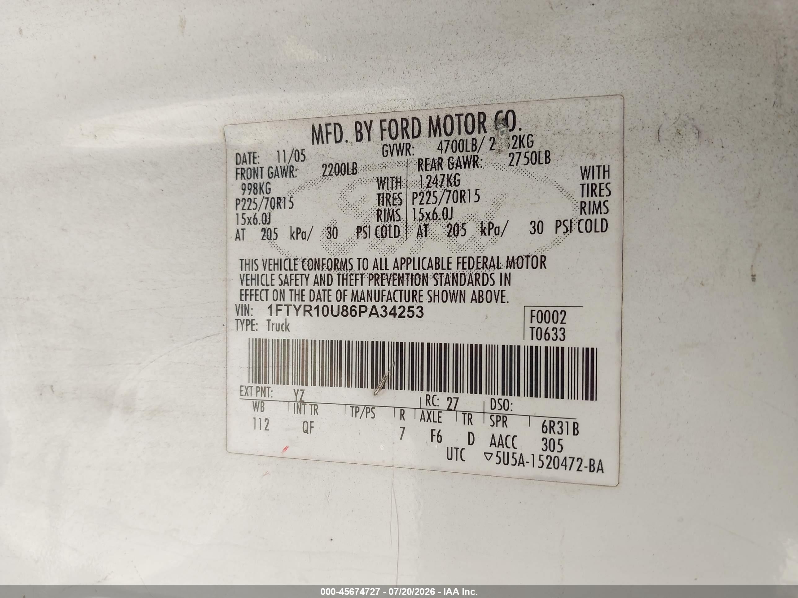2006 Ford Ranger Sport/stx/xl/xlt White vin: 1FTYR10U86PA34253
