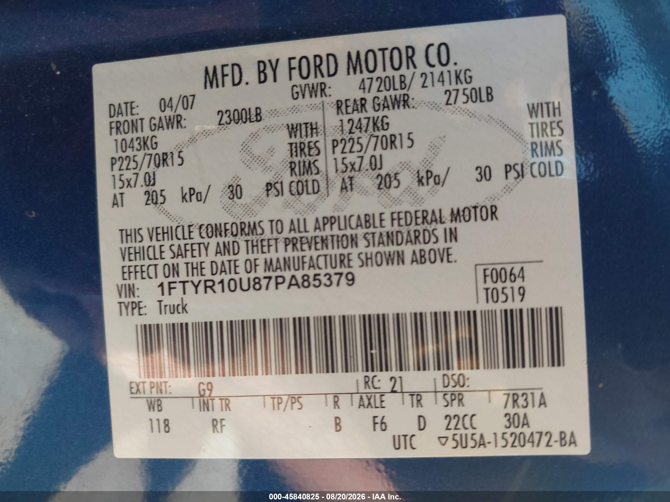 2007 Ford Ranger Sport/stx/xl/xlt Blue vin: 1FTYR10U87PA85379