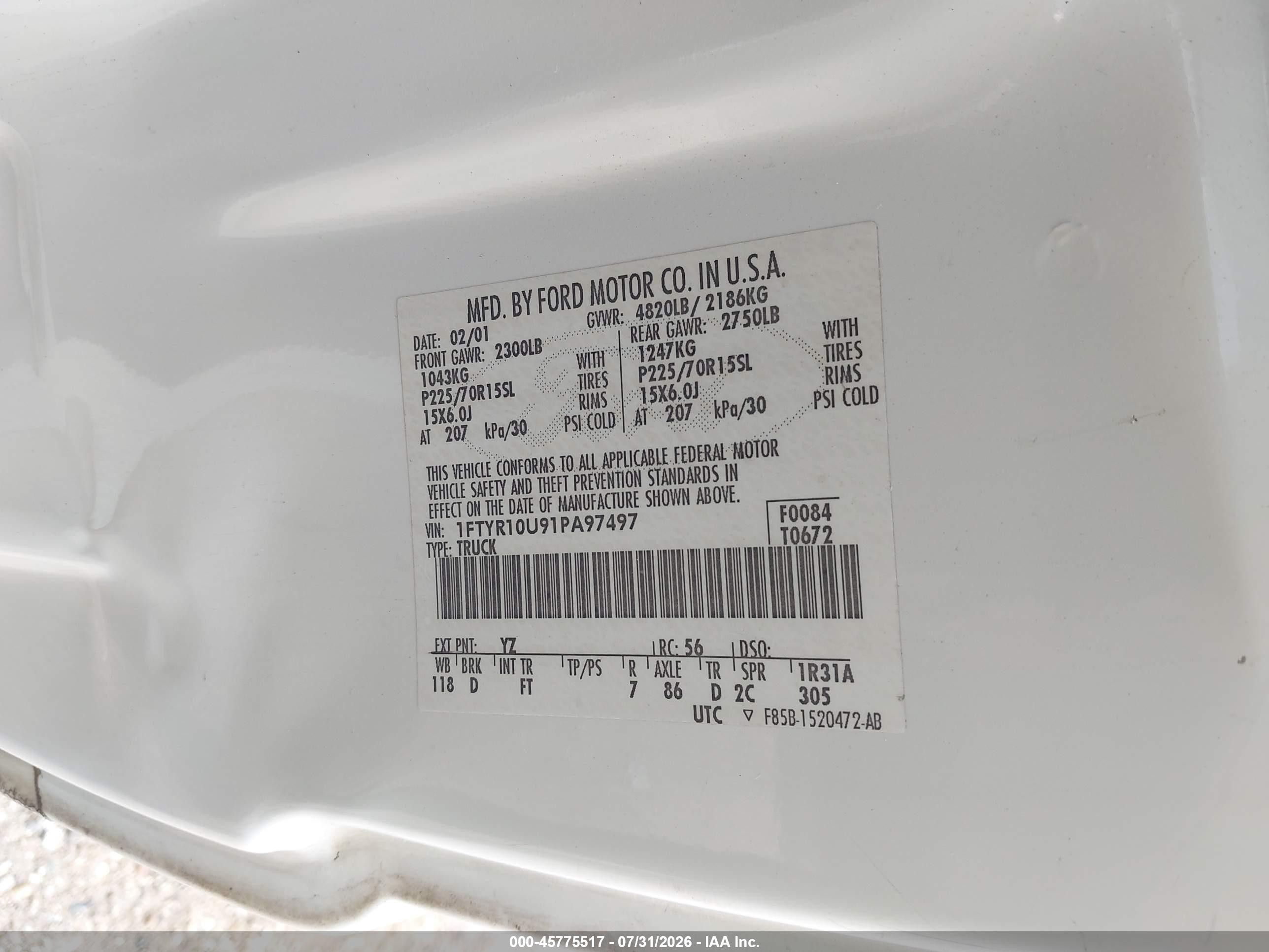 2001 Ford Ranger Edge/xl/xlt White vin: 1FTYR10U91PA97497