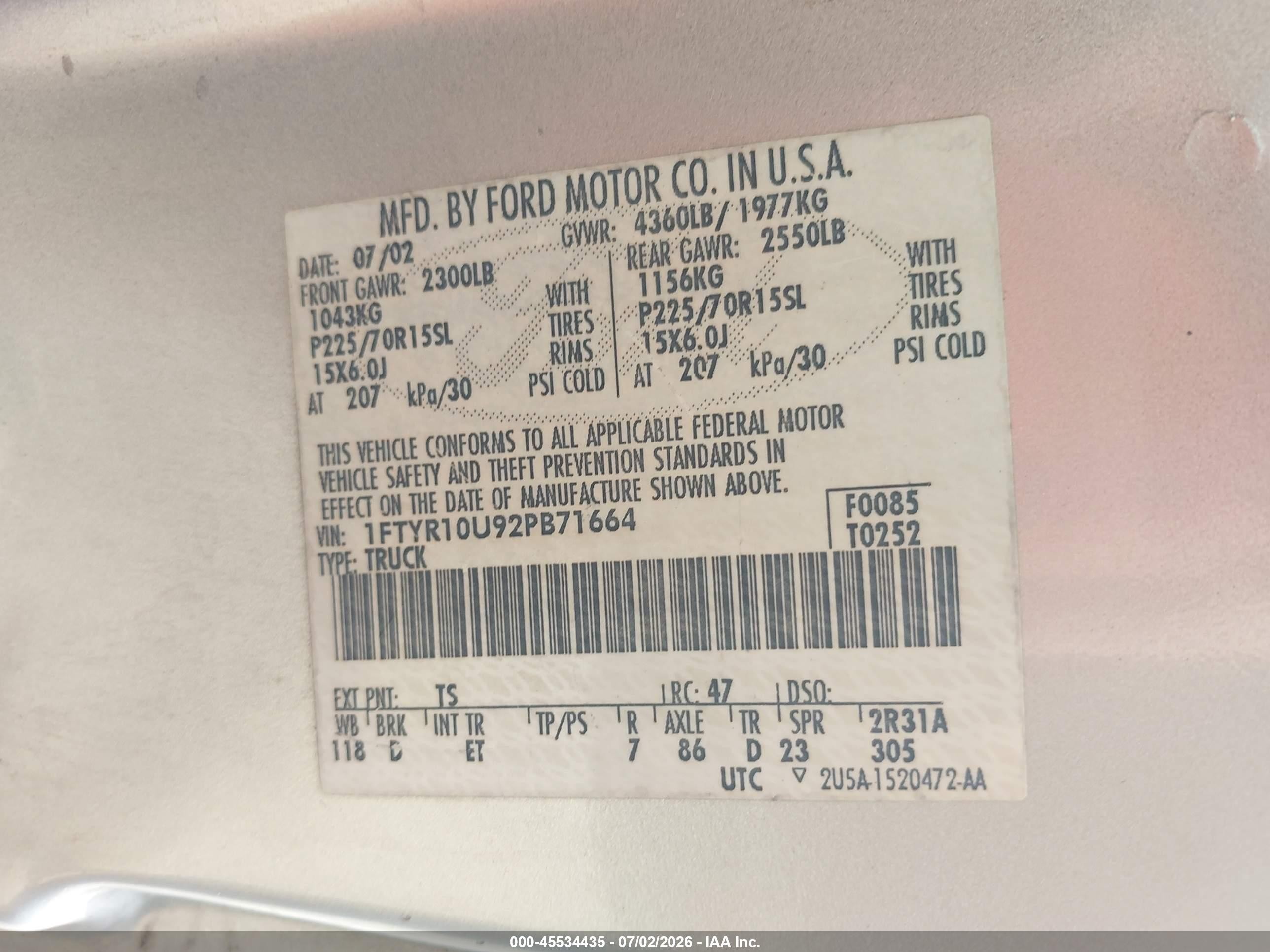 2002 Ford Ranger Edge/xl/xlt Silver vin: 1FTYR10U92PB71664