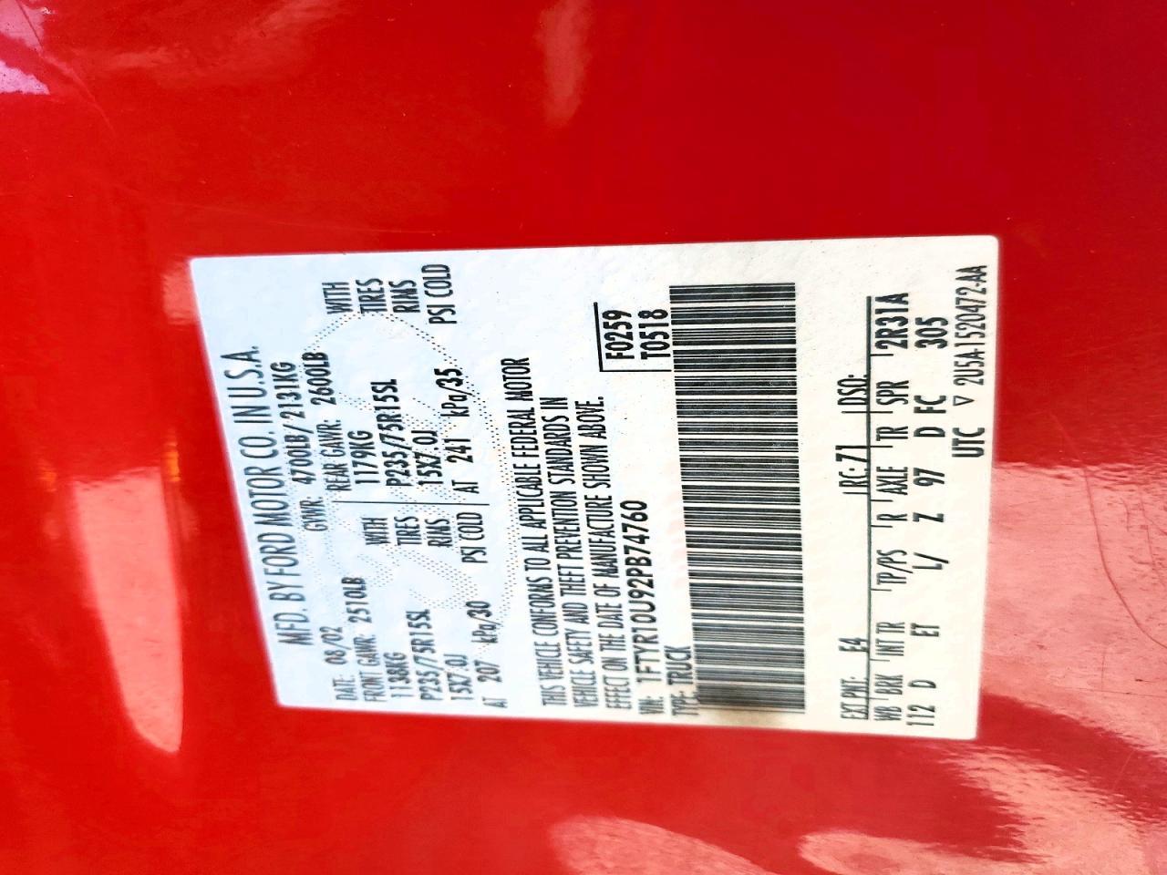 2002 Ford Ranger Red vin: 1FTYR10U92PB74760