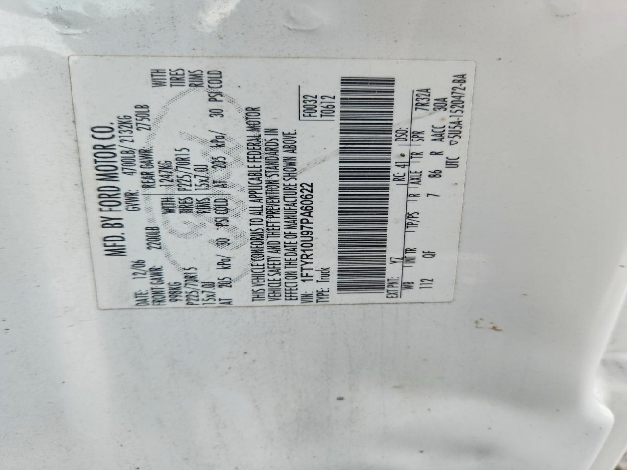 2007 Ford Ranger White vin: 1FTYR10U97PA60622