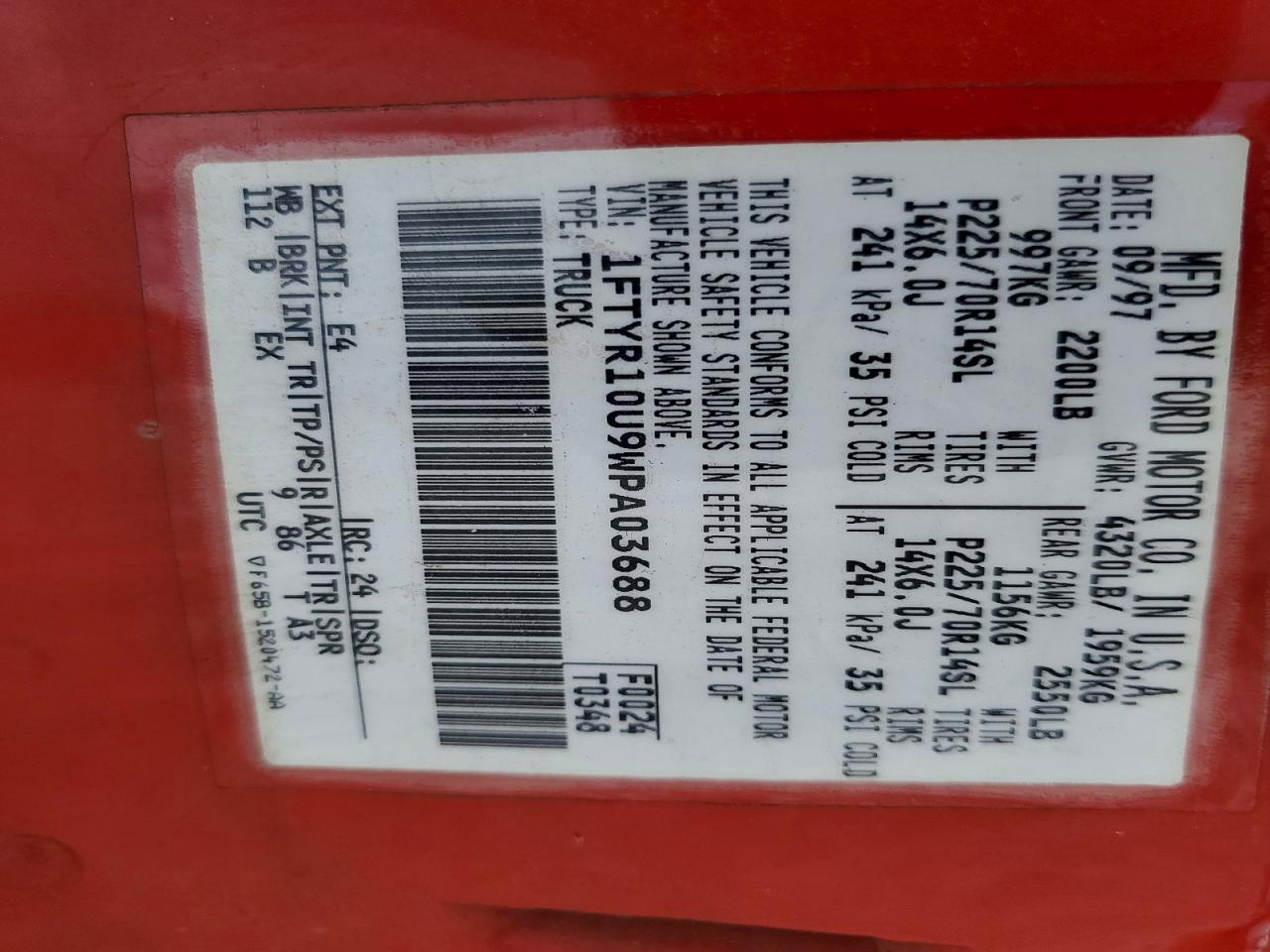 1998 Ford Ranger Red vin: 1FTYR10U9WPA03688