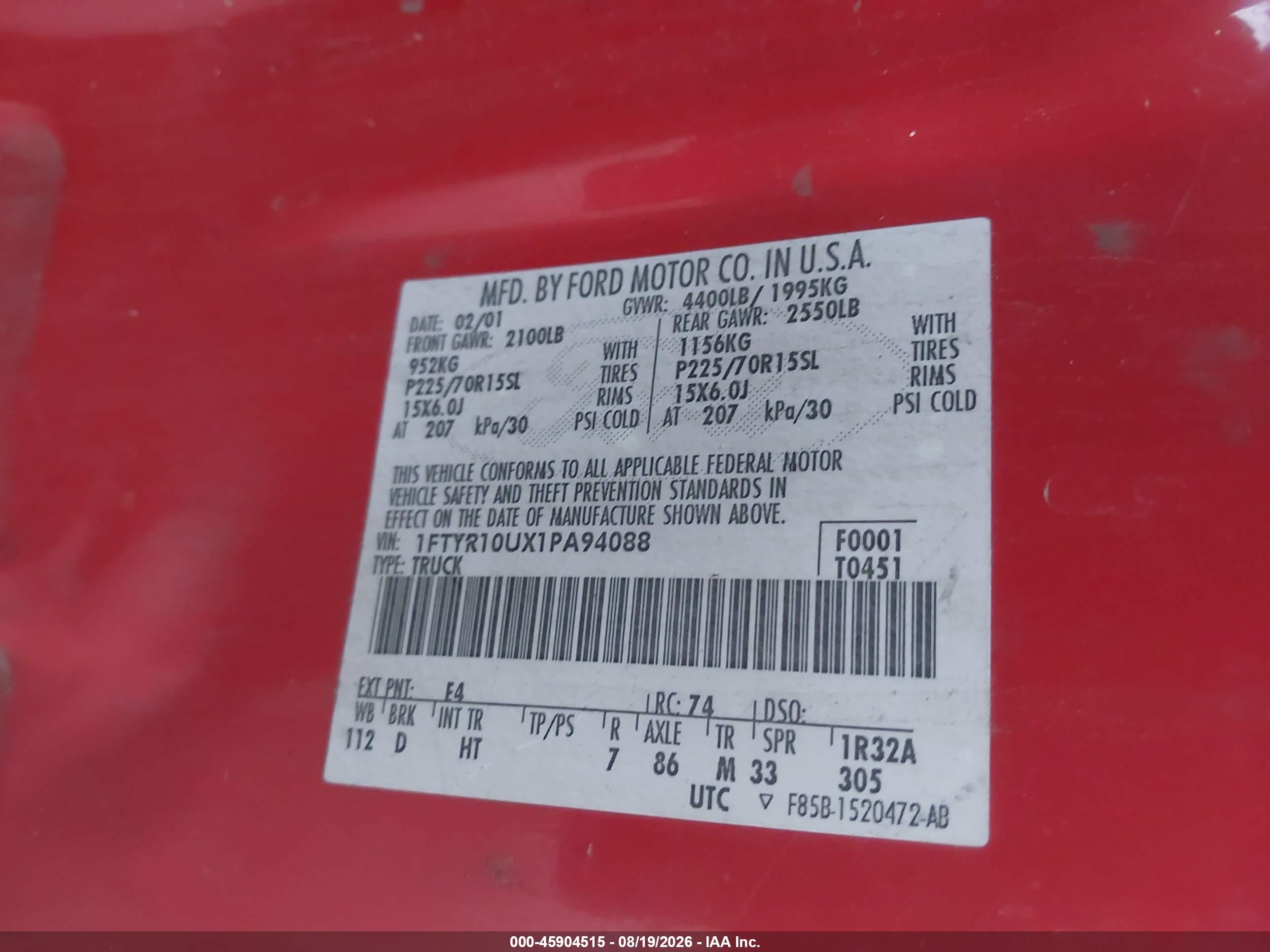 2001 Ford Ranger Edge/xl/xlt Red vin: 1FTYR10UX1PA94088