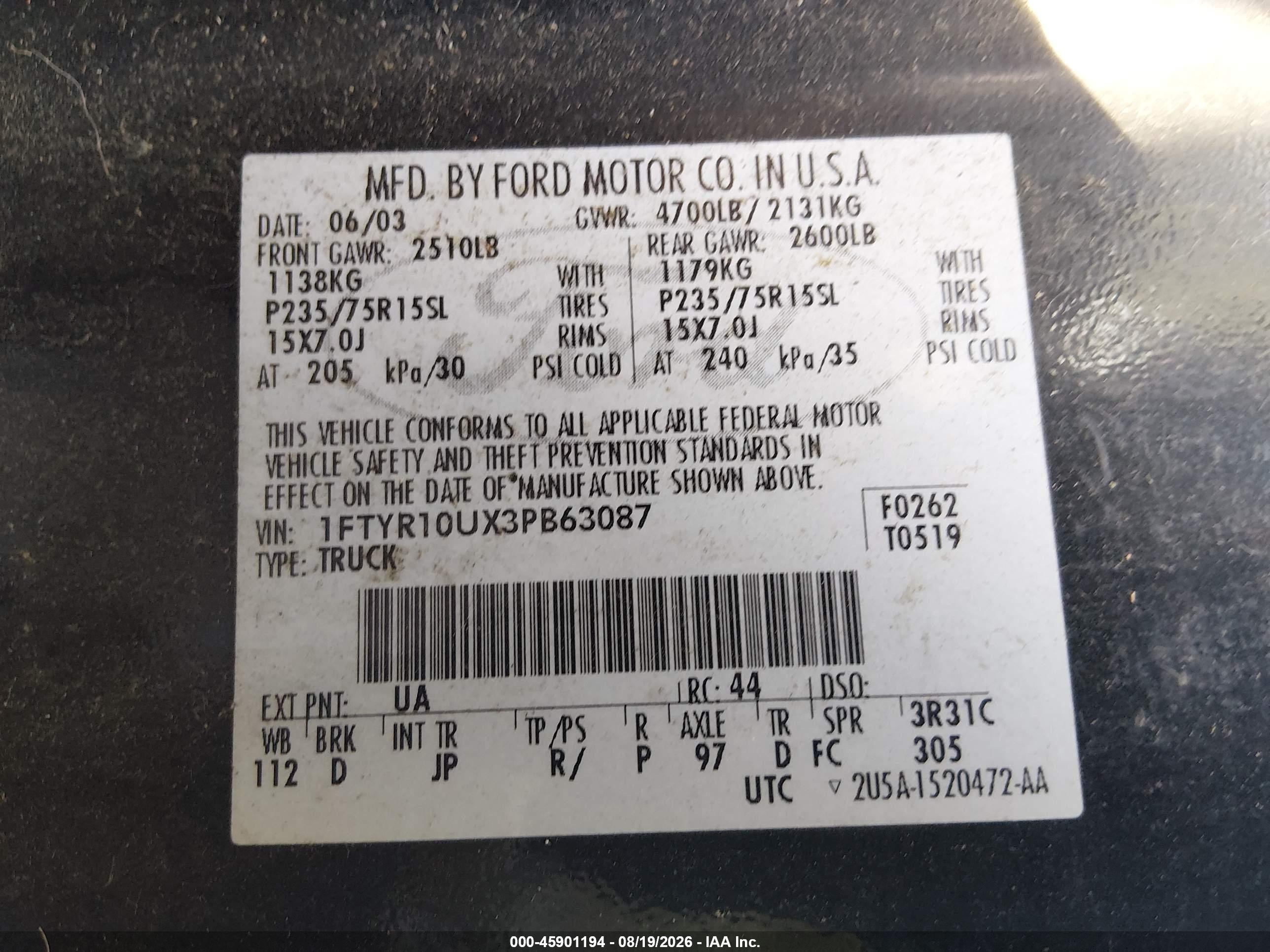 2003 Ford Ranger Edge/xl/xlt Black vin: 1FTYR10UX3PB63087