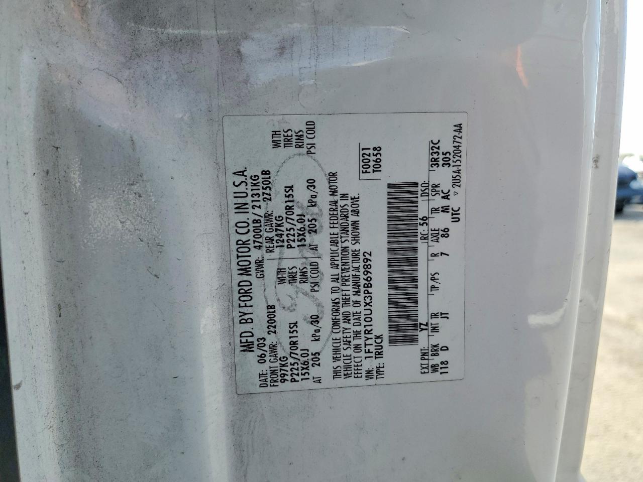 2003 Ford Ranger White vin: 1FTYR10UX3PB69892