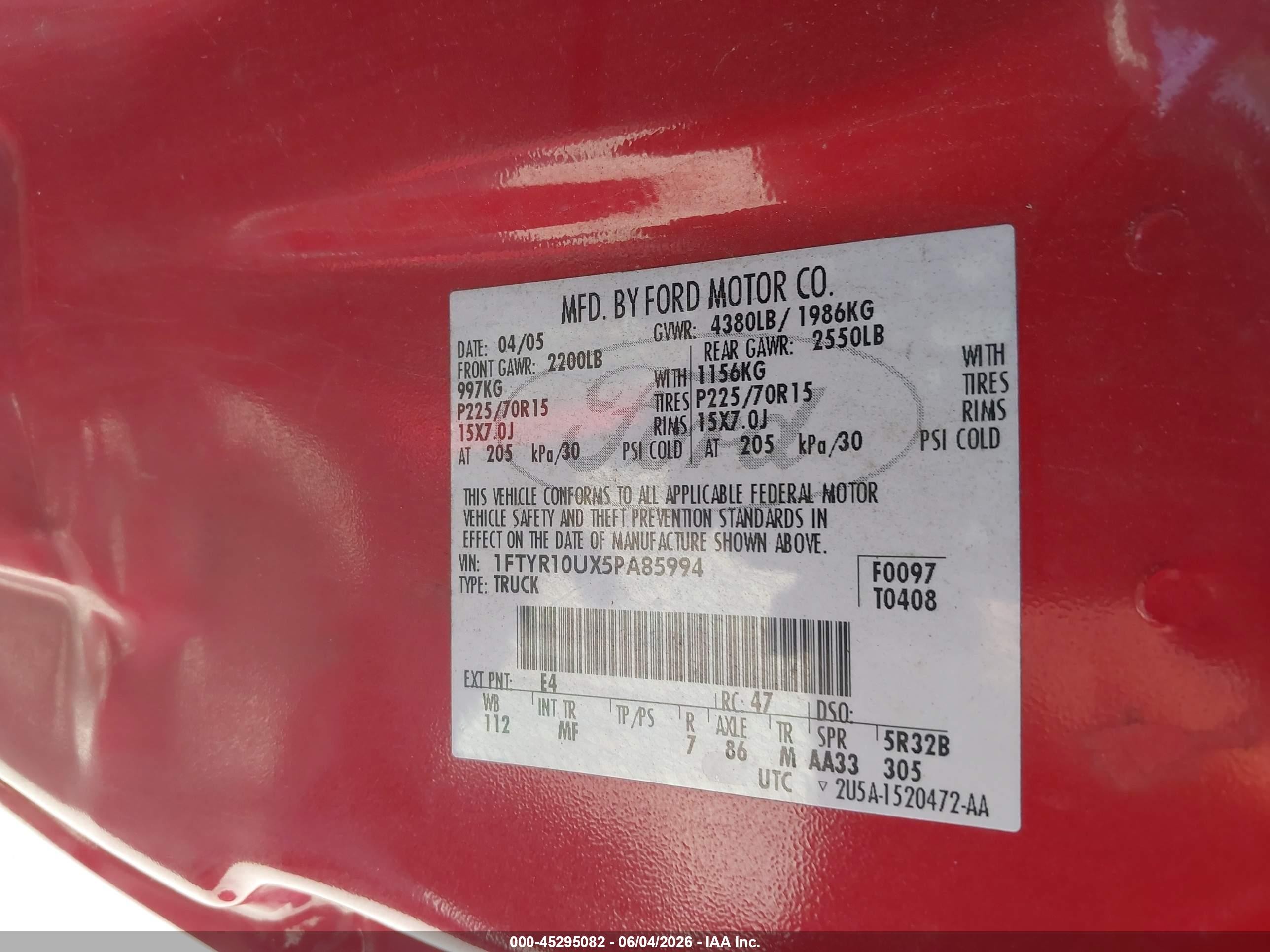 2005 Ford Ranger Edge/stx/xl/xls/xlt Red vin: 1FTYR10UX5PA85994