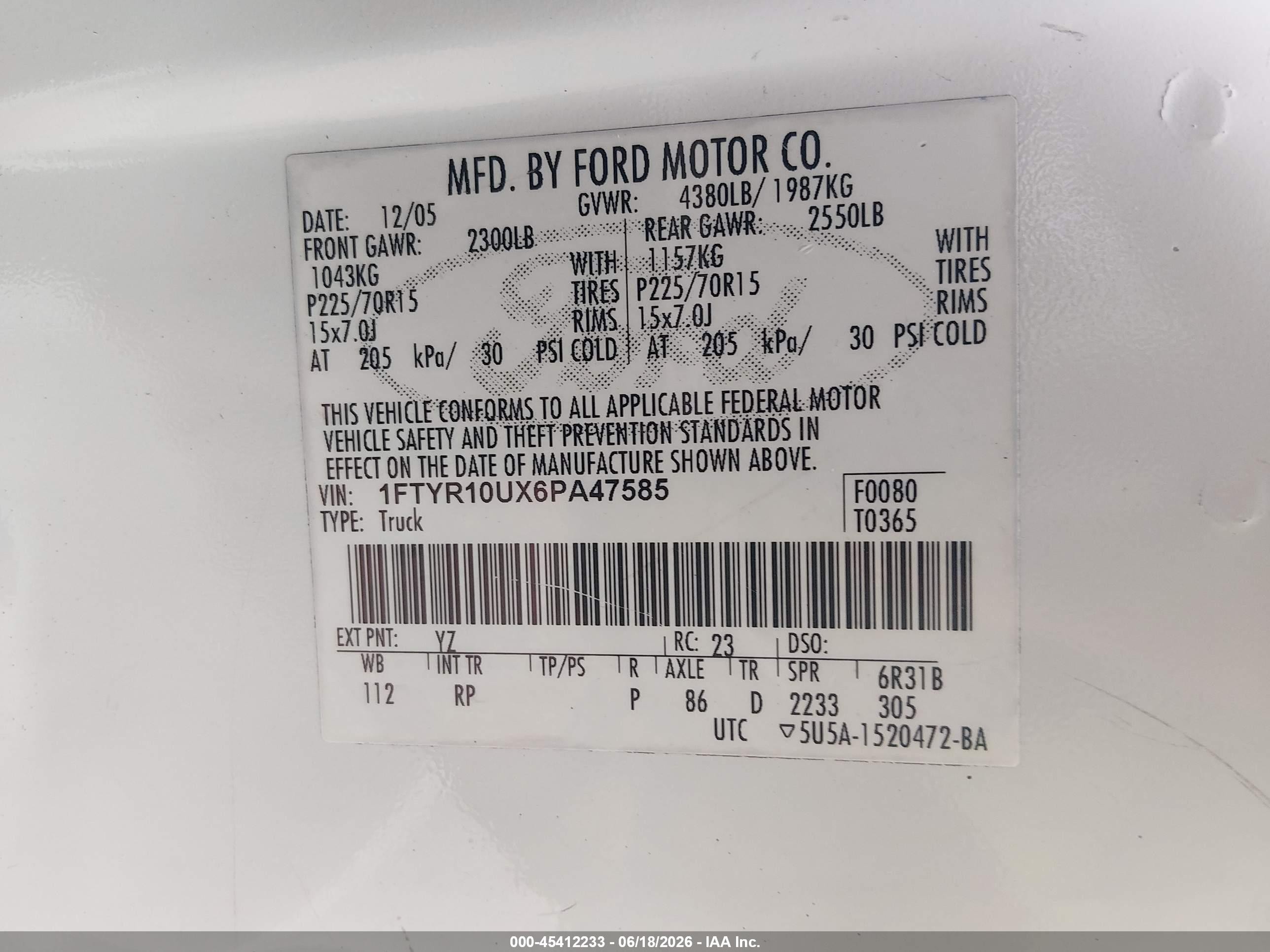 2006 Ford Ranger Sport/stx/xl/xlt White vin: 1FTYR10UX6PA47585