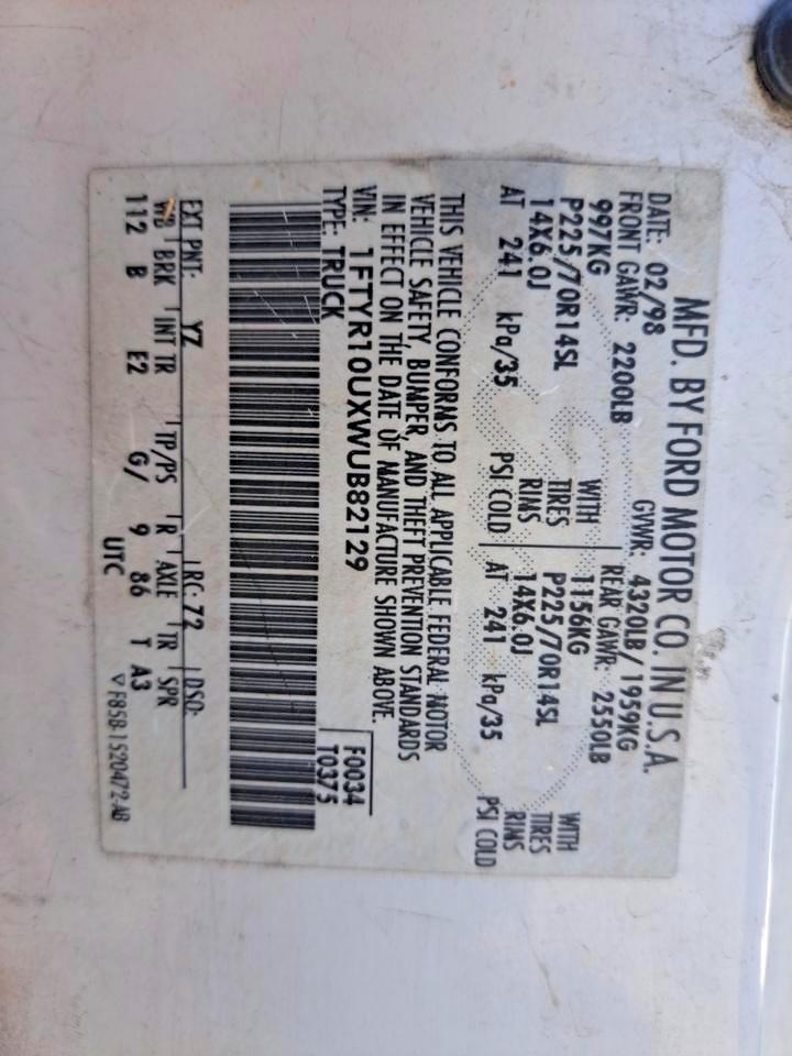 1998 Ford Ranger White vin: 1FTYR10UXWUB82129