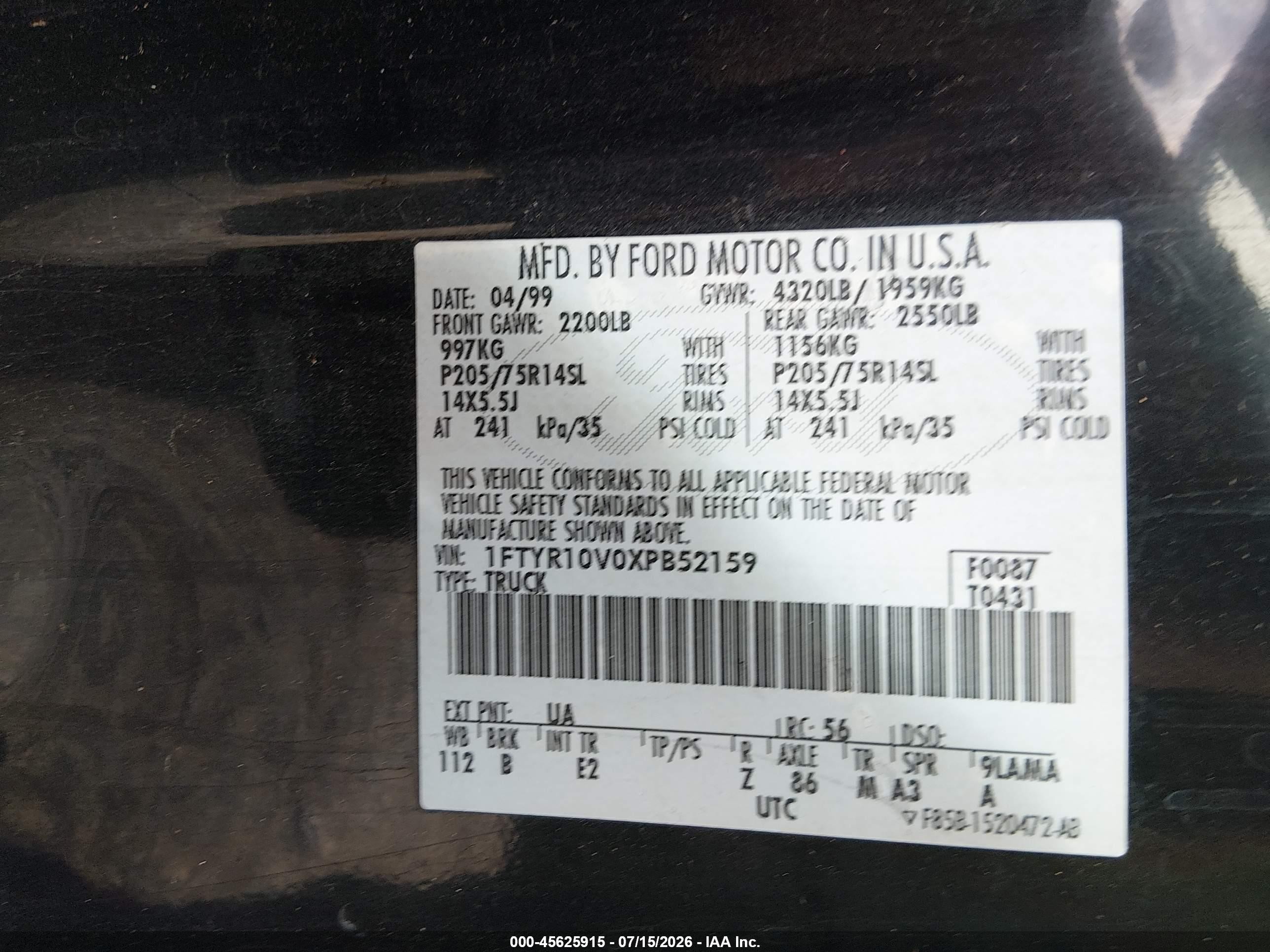 1999 Ford Ranger Xl/xlt Black vin: 1FTYR10V0XPB52159