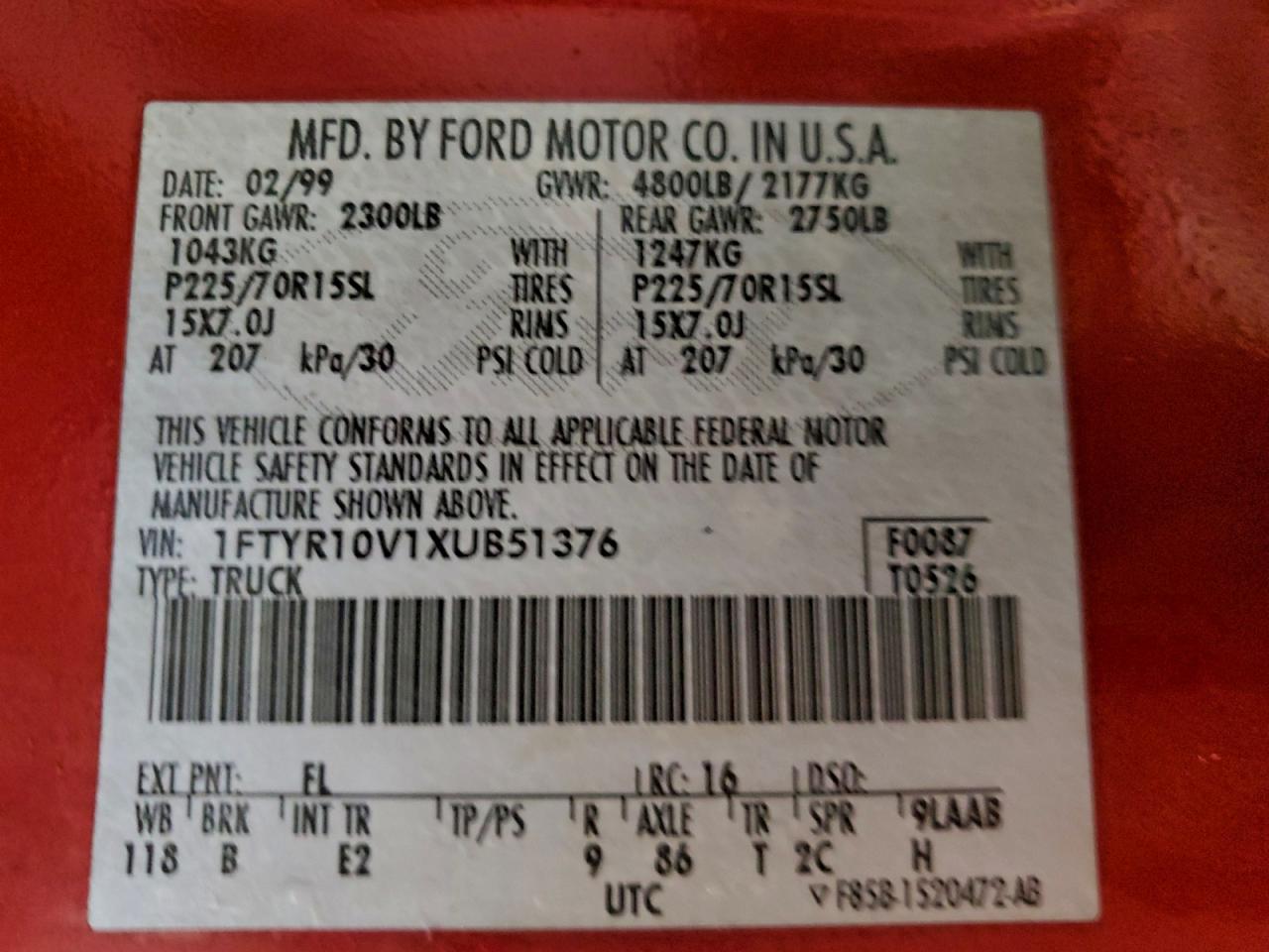 1999 Ford Ranger Red vin: 1FTYR10V1XUB51376