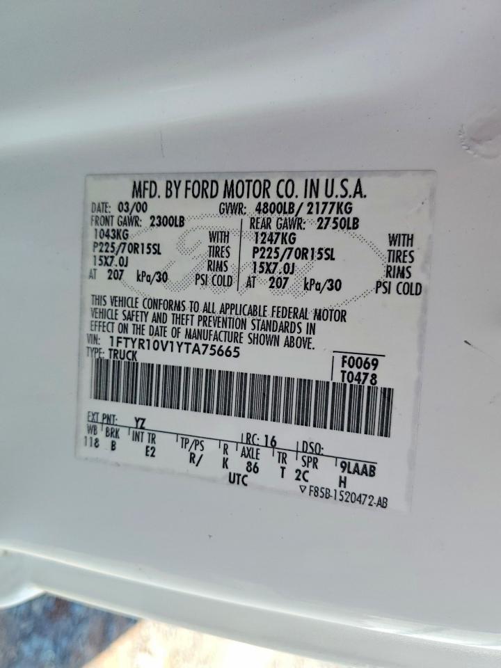2000 Ford Ranger White vin: 1FTYR10V1YTA75665
