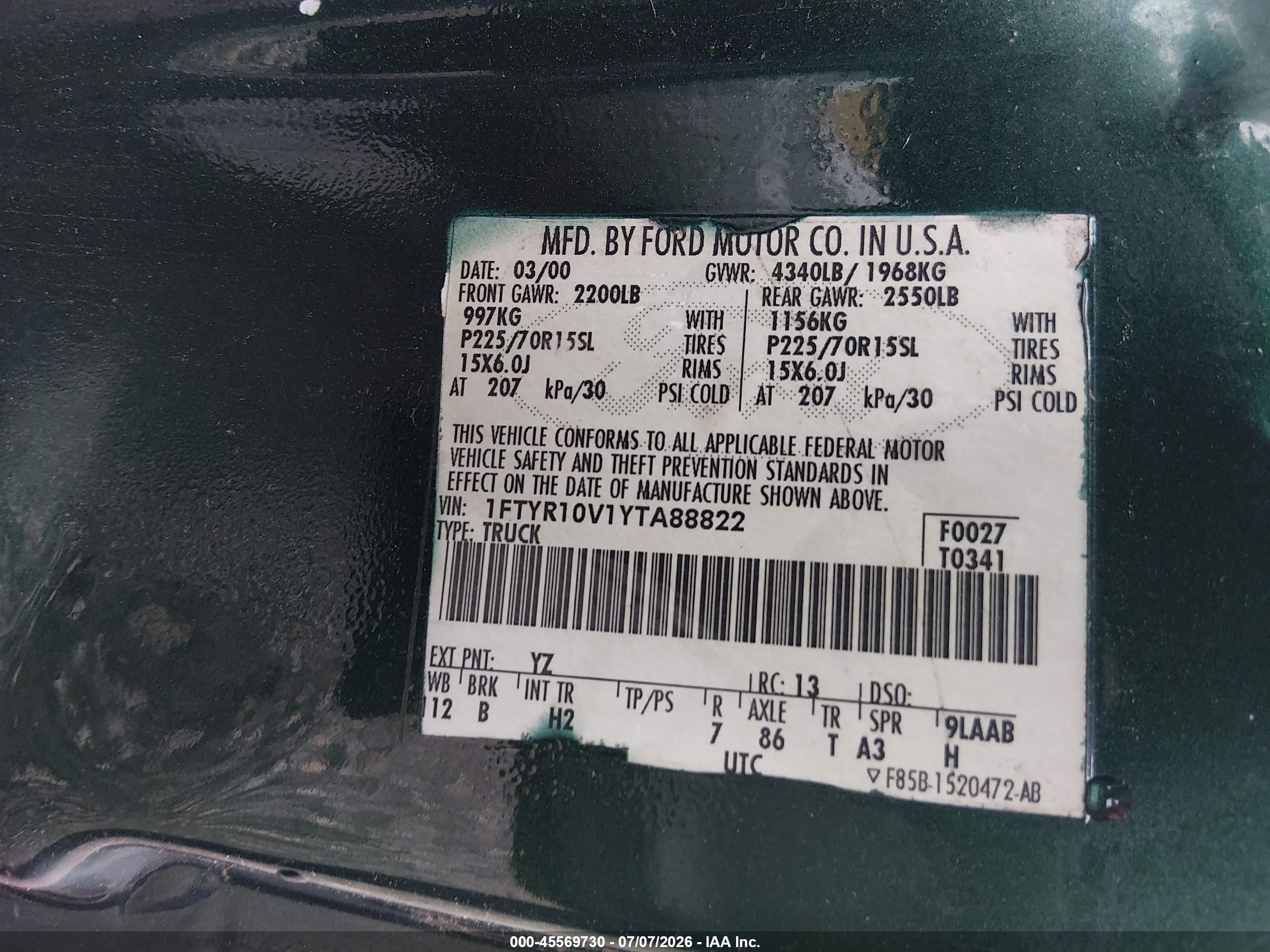 2000 Ford Ranger Xl/xlt Green vin: 1FTYR10V1YTA88822