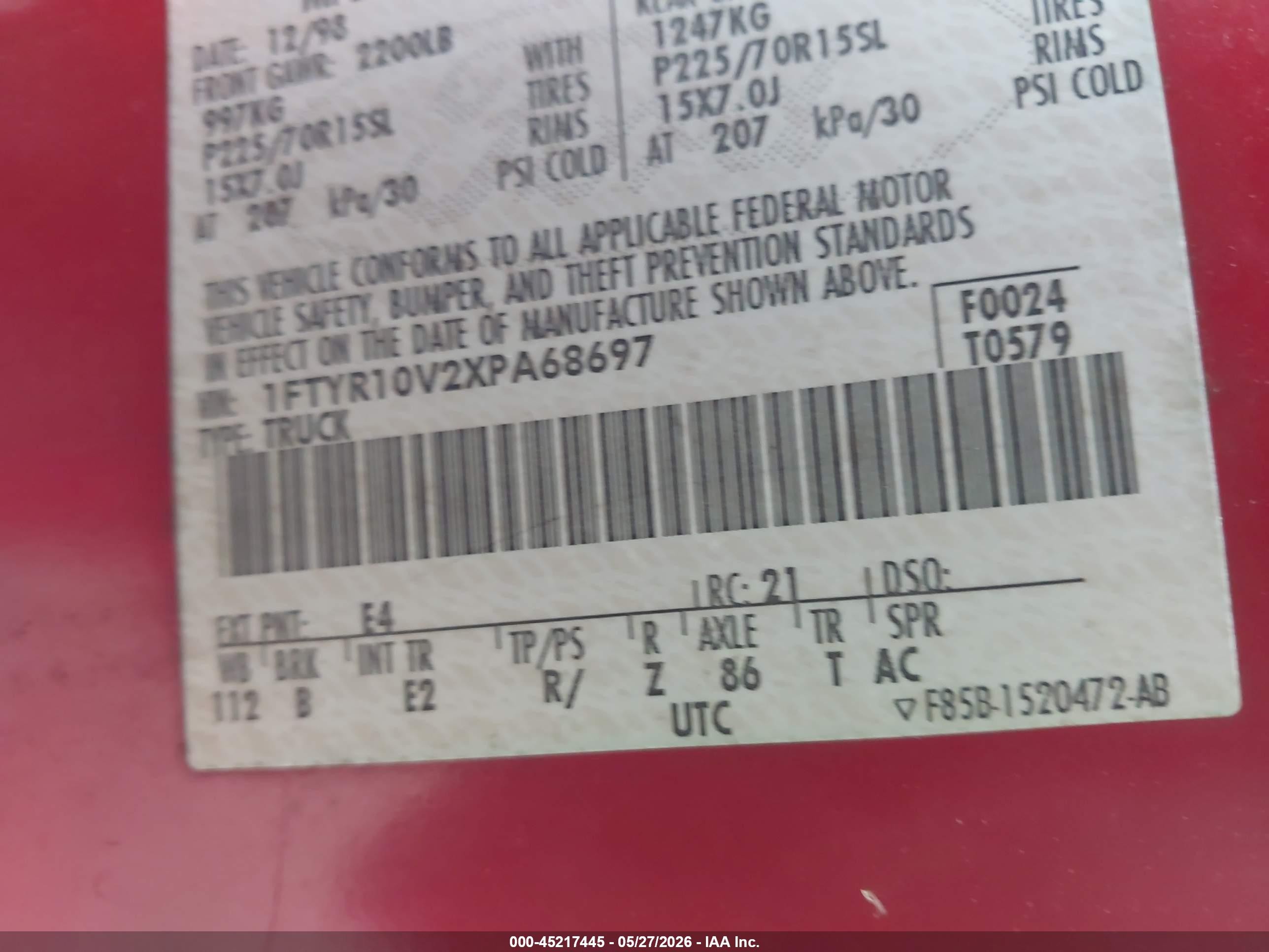 1999 Ford Ranger Xl/xlt Red vin: 1FTYR10V2XPA68697