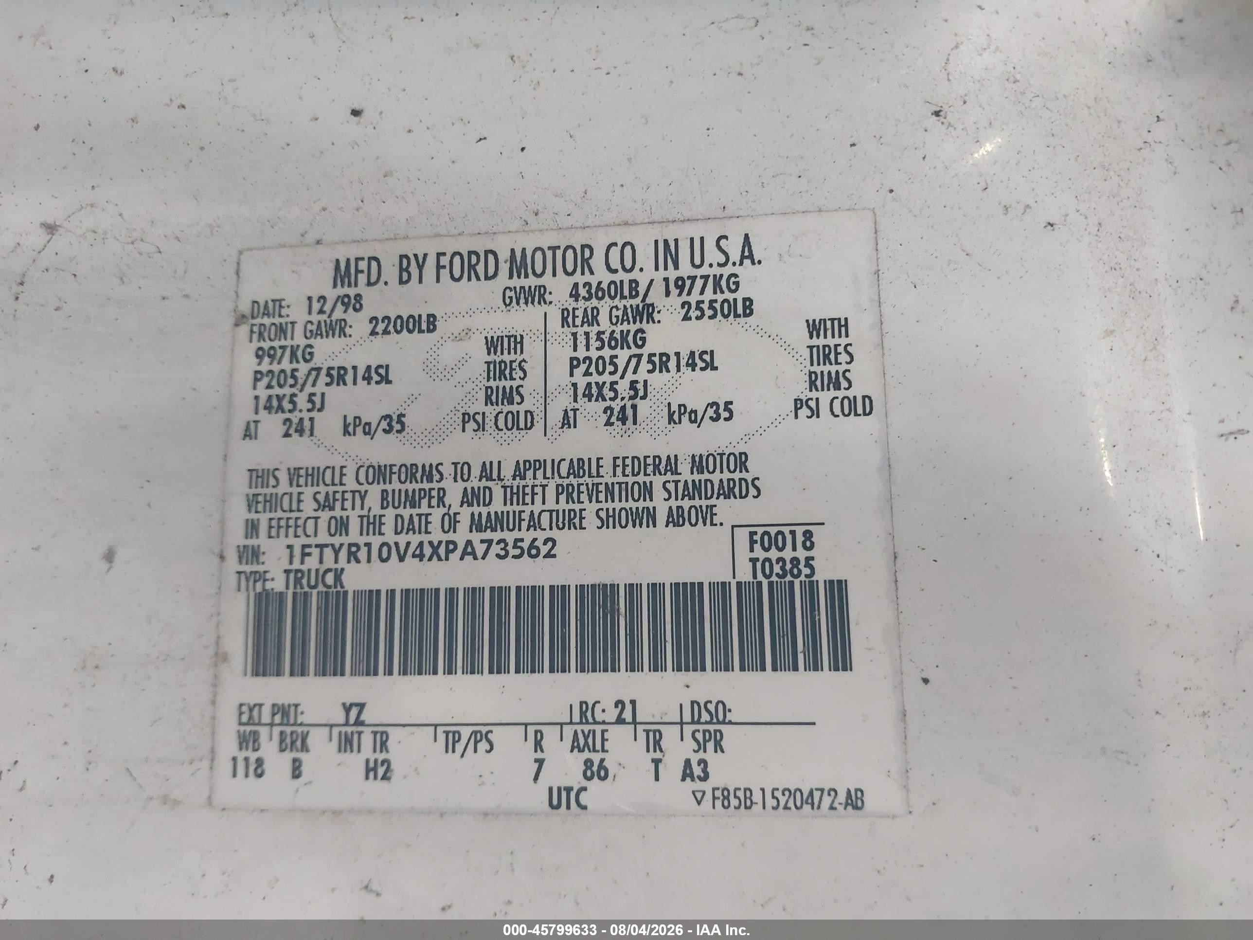 1999 Ford Ranger Xl/xlt White vin: 1FTYR10V4XPA73562