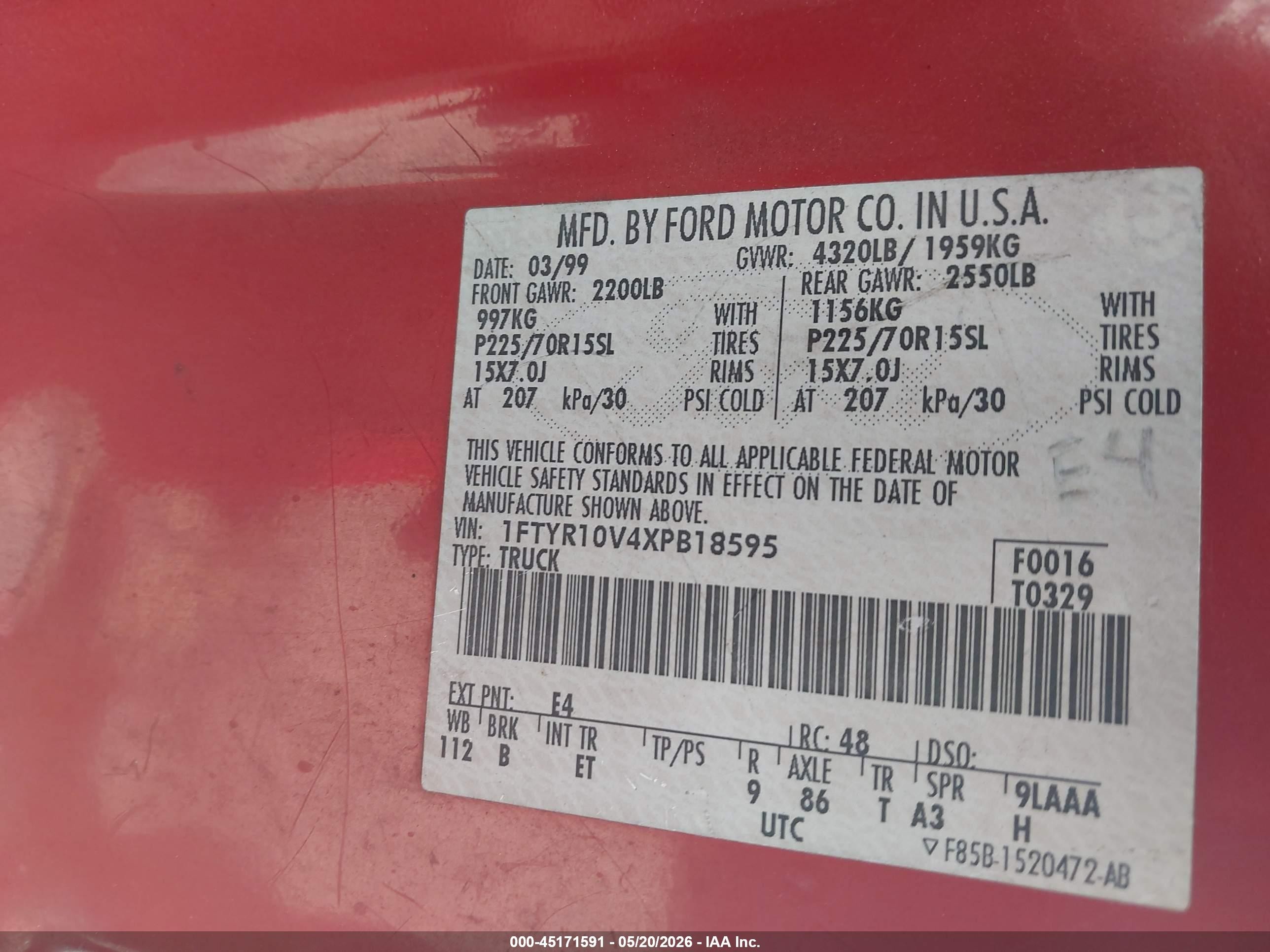 1999 Ford Ranger Xl/xlt Red vin: 1FTYR10V4XPB18595
