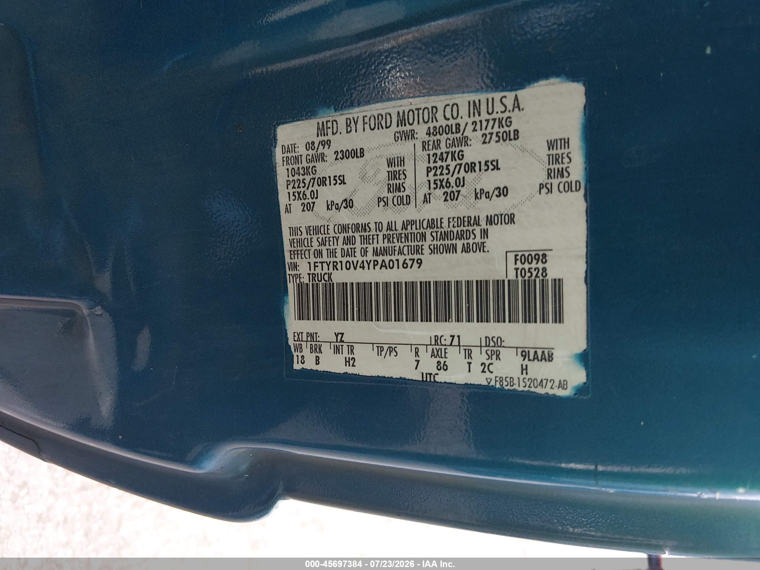 2000 Ford Ranger Xl/xlt Blue vin: 1FTYR10V4YPA01679