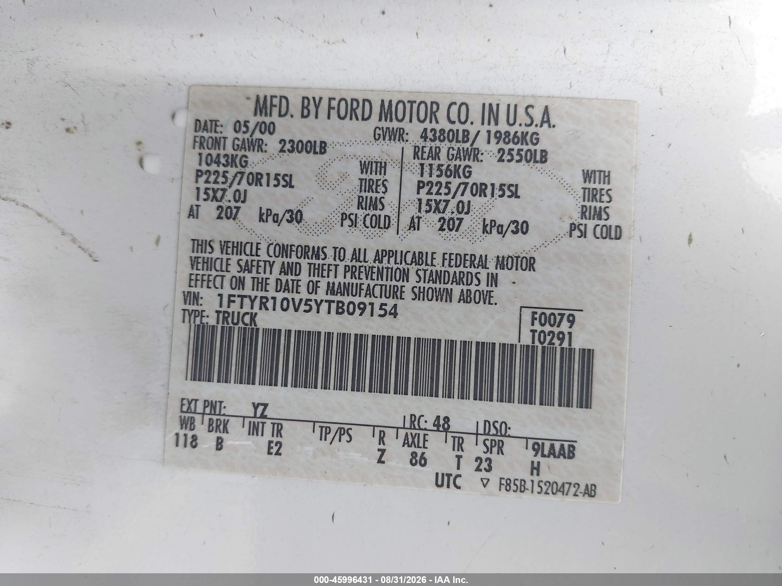 2000 Ford Ranger Xl/xlt White vin: 1FTYR10V5YTB09154
