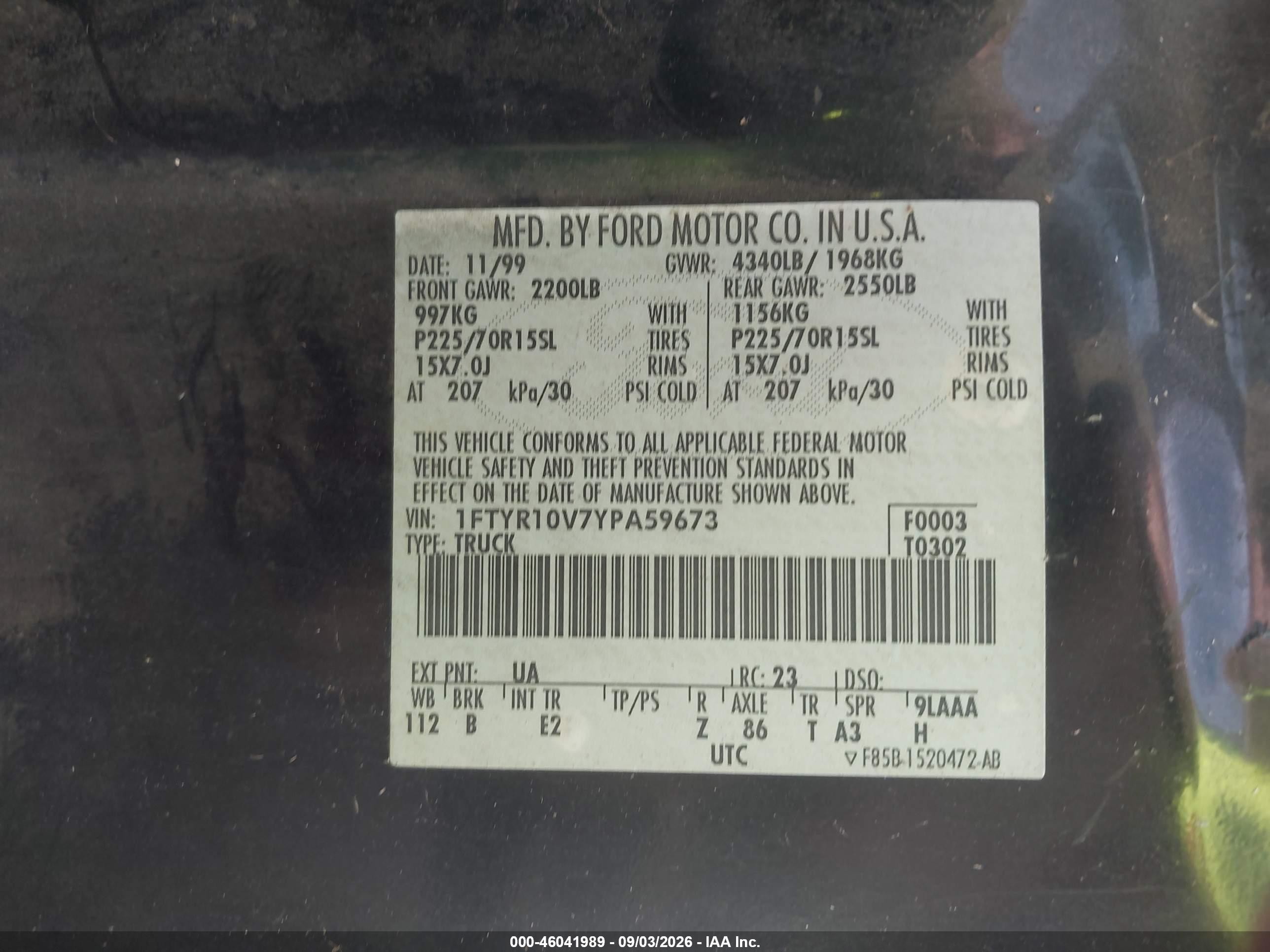 2000 Ford Ranger Xl/xlt Черный vin: 1FTYR10V7YPA59673