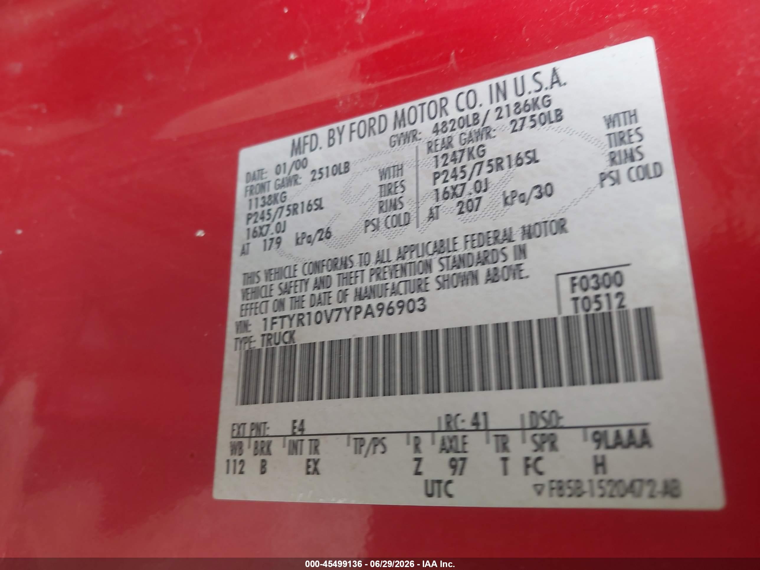 2000 Ford Ranger Xl/xlt Red vin: 1FTYR10V7YPA96903
