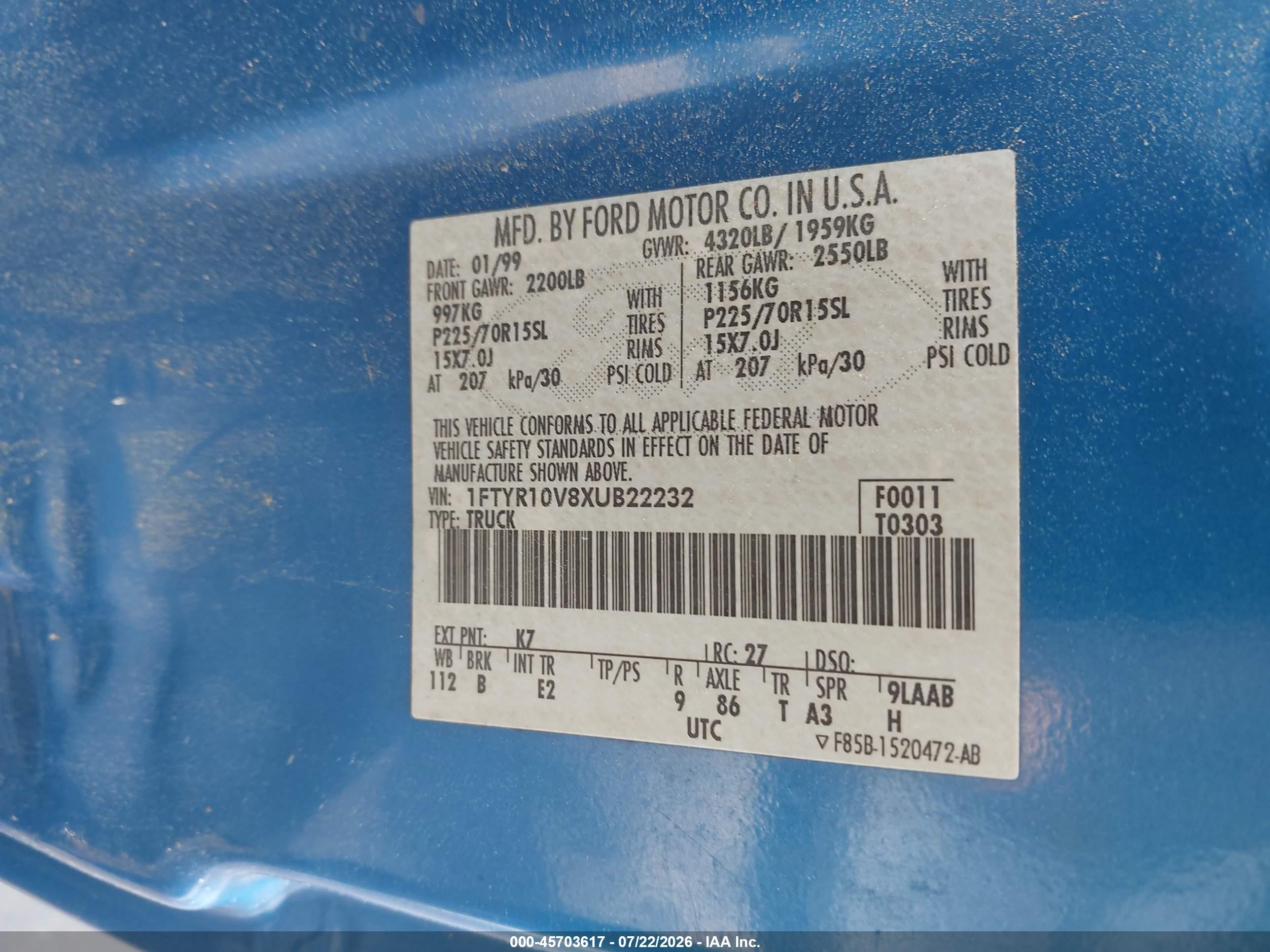 1999 Ford Ranger Xl/xlt Blue vin: 1FTYR10V8XUB22232