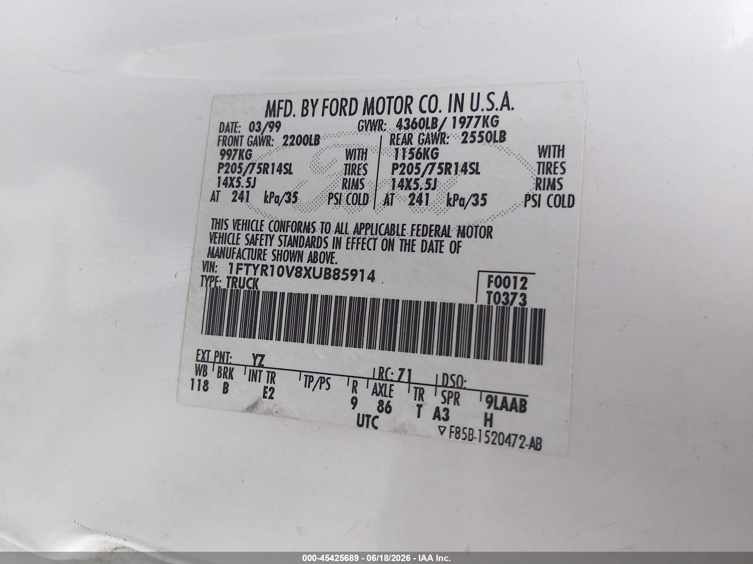 1999 Ford Ranger Xl/xlt White vin: 1FTYR10V8XUB85914