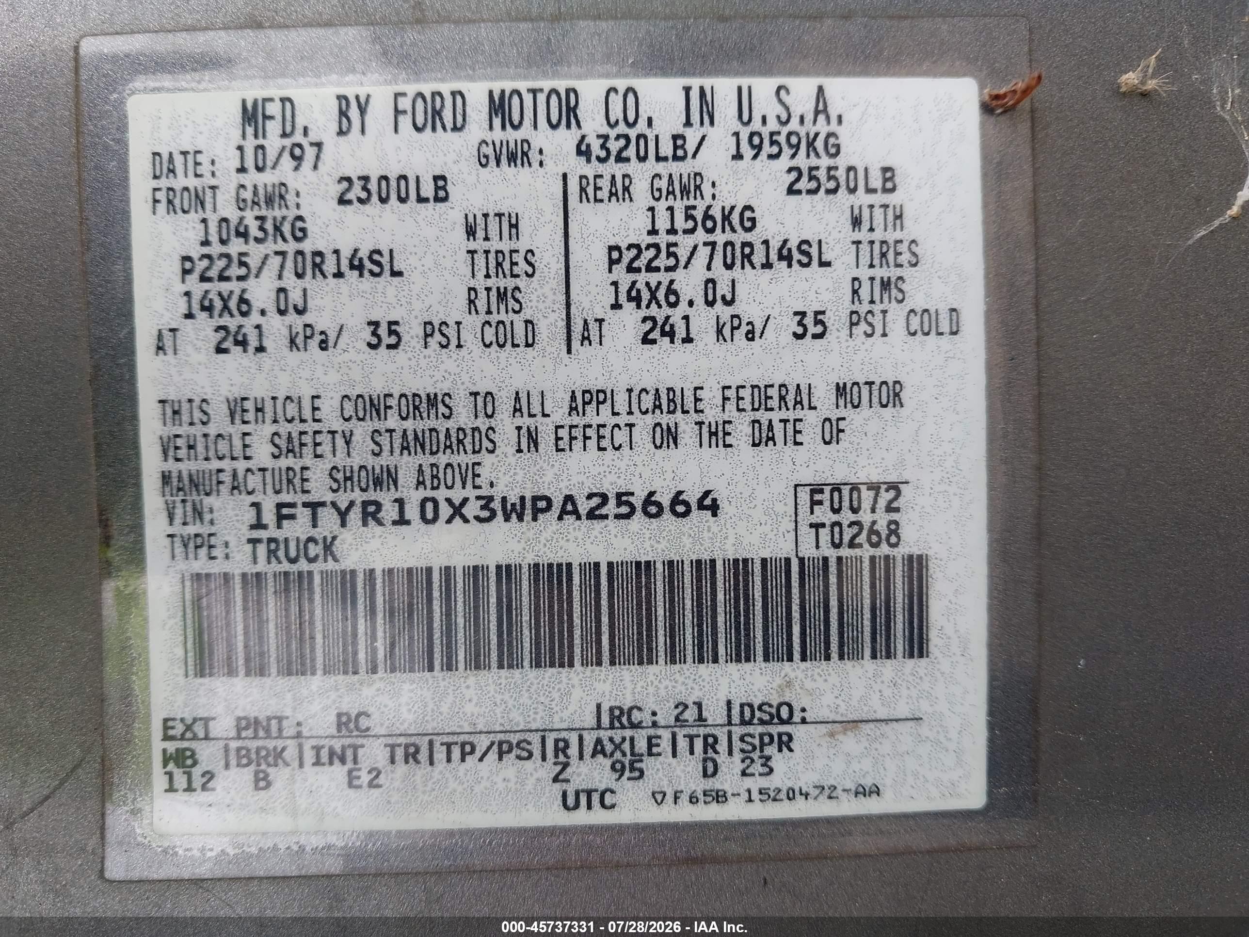 1998 Ford Ranger Splash/xl/xlt Серый vin: 1FTYR10X3WPA25664