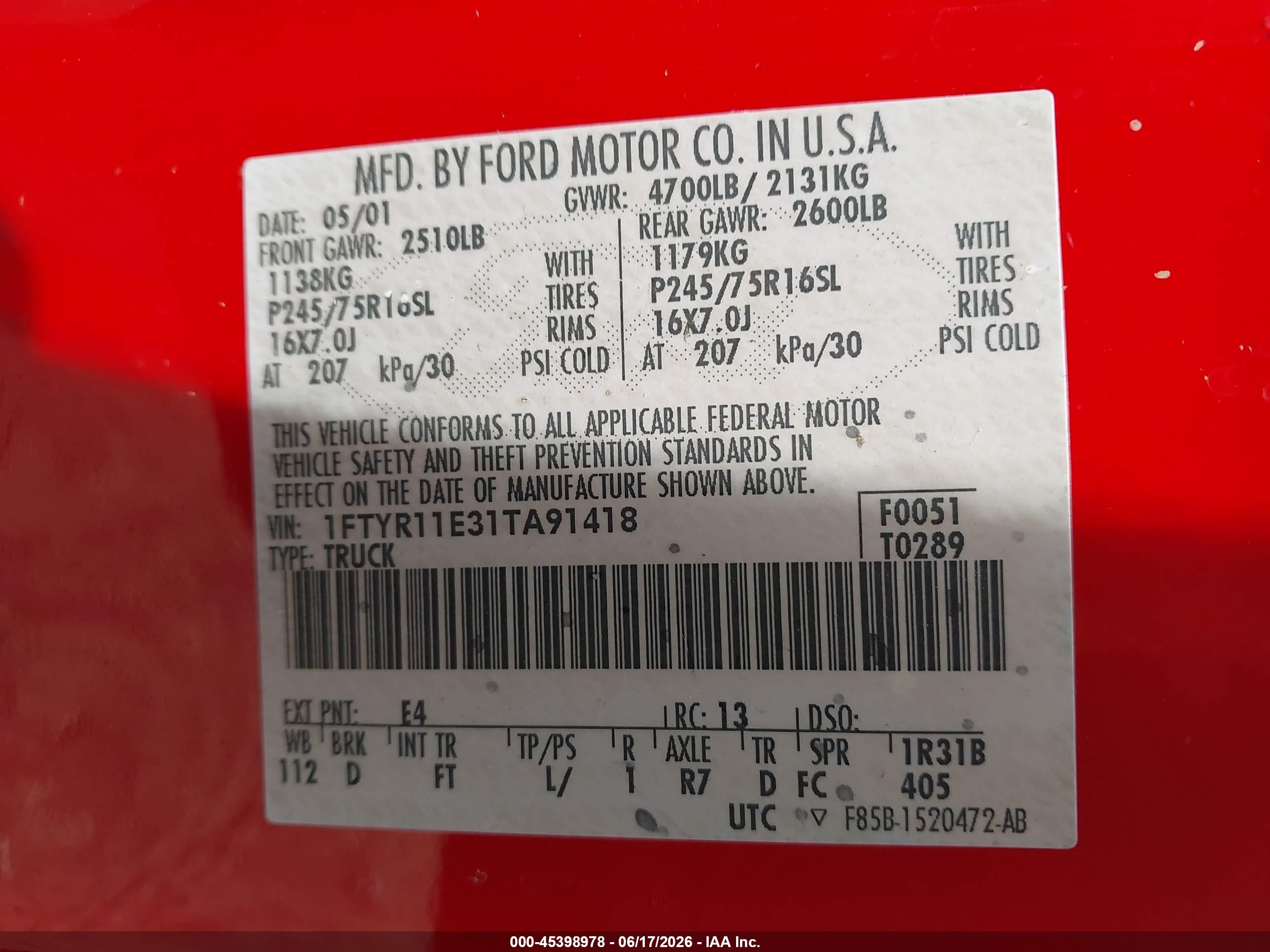 2001 Ford Ranger Edge Red vin: 1FTYR11E31TA91418